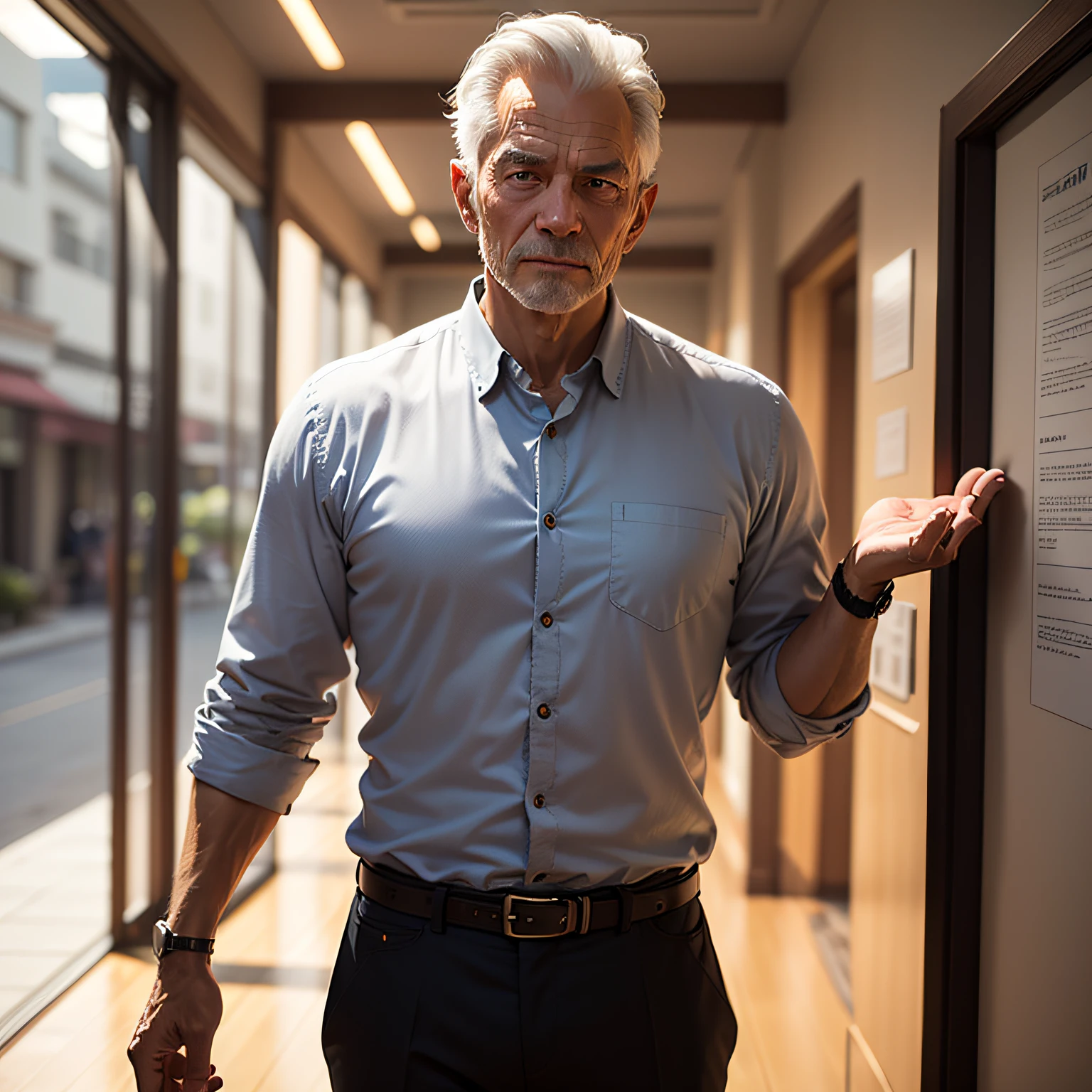He's a gray-haired man, with a determined expression and a firm stance. His gaze conveys wisdom and confidence, while his wrinkles tell the story of a life full of challenges overcome and achievements achieved. It stands out for its elegance and serenity, transmitting an aura of experience and knowledge accumulated over the years. His upright and secure posture shows that he is ready to share the principles that have led to success in his own life. with a gentle smile on his lips, ele irradia uma energia positiva e inspiradora, inviting others to unlock the secrets to achieving their goals and treading the path to success. --auto