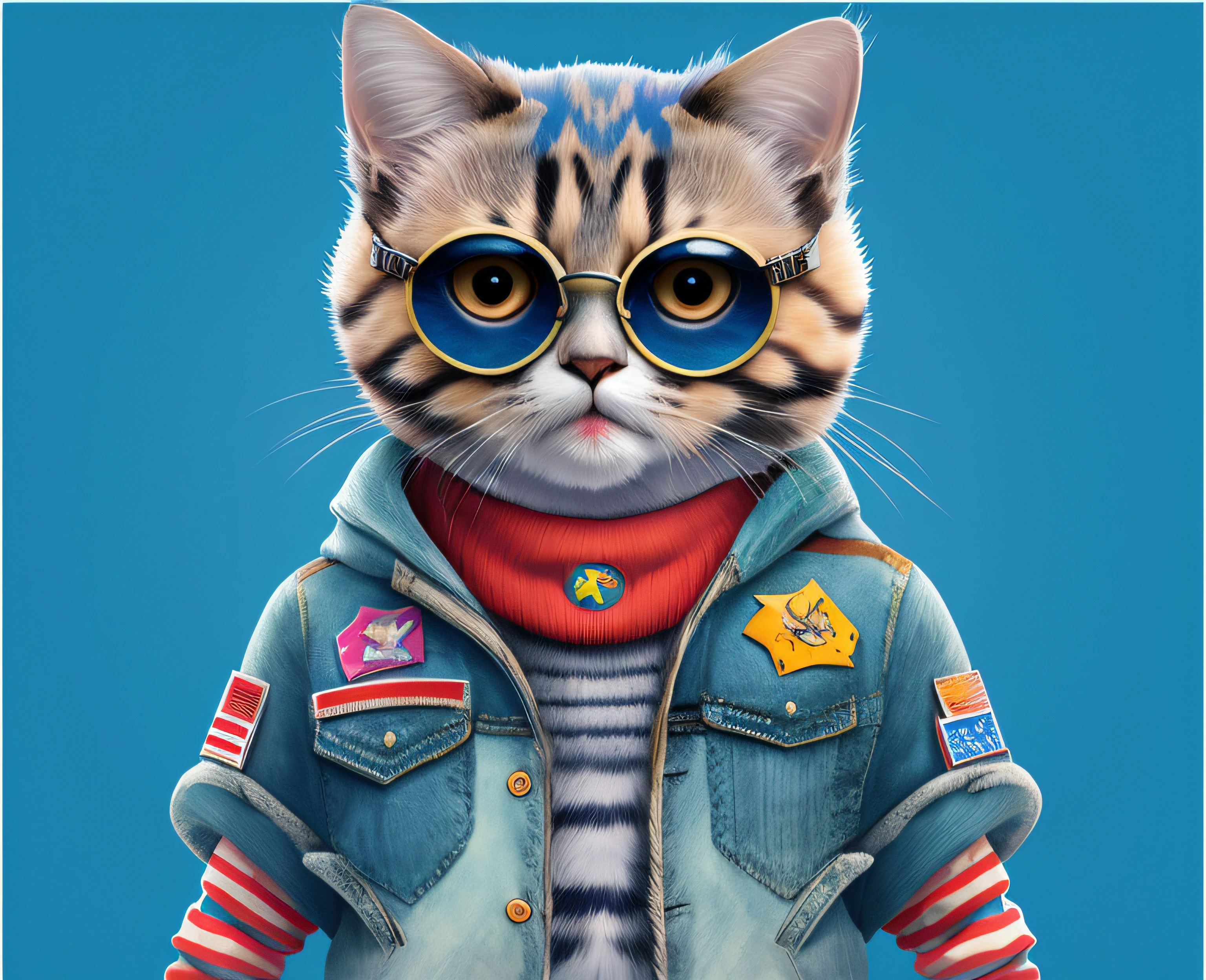 there is a cat wearing a jacket and sunglasses on a blue background, anthropomorphic female cat, stunning digital illustration, O melhor do Behance, inspirado em Chris LaBrooy, arte digital detalhada bonito, design do gato, trending on ArtStation.', painting digital adorable, gato astronauta, trend on behance 3d art, trend on behance 3d art, gato espacial