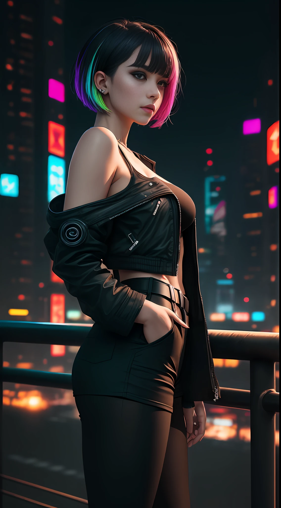 masterpiece, (photorealistic:1.4), best quality, beautiful lighting, (ulzzang-6500:0.5),
lucy \(cyberpunk\), 1girl, against railing, arm rest, bangs, bare shoulders, belt, black belt, black leotard, black pants, blurry, bob cut, breasts, building, cityscape, clothing cutout, cropped jacket, cyberpunk, depth of field, from side, gradient eyes, grey eyes, grey hair, jacket, leotard, lips, long sleeves, looking afar, looking ahead, mechanical parts, medium breasts, multicolored eyes, multicolored hair, night, night sky, off shoulder, open clothes, open jacket, outdoors, pants, parted lips, railing, red eyeliner, science fiction, short hair with long locks, short shorts, shorts, sidelocks, sky, solo, standing, teeth, thigh cutout, upper teeth only, white jacket, white shorts, cyberpunk \(series\), cyberpunk edgerunners, RAW photo, 8k uhd, film grain --auto
