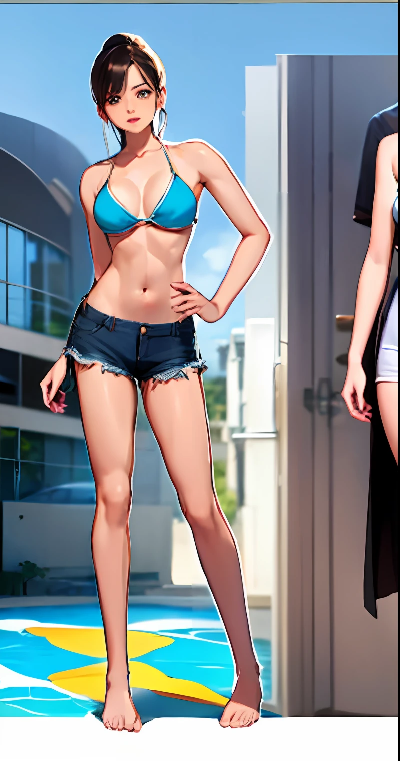 cartoon of a woman in a bikini top and shorts posing, Anya, Spy X Family, corpo inteiro!!, corpo inteiro!, !!retrato de corpo inteiro!!, corpo inteiro! injection, corpo inteiro;, Close-up de corpo inteiro, design de roupa clara, imagem de corpo inteiro, retrato de corpo inteiro de um curto!, de s da linha de frente, roupa feminina, meninalo linha de frente