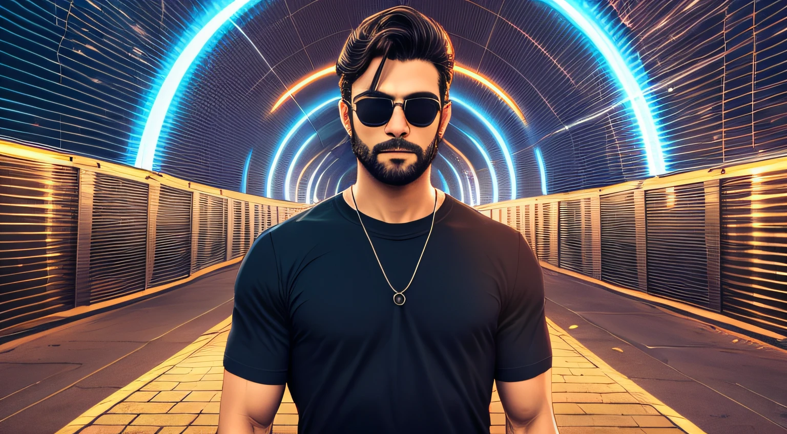 menino 30 anos, with sunglasses and a black shirt posing for a photo, CABELOS LONGOS E COMPRIDOS escuros , fundo de raios, eletricidade, thunderbolt, thunder, lighnings, light.