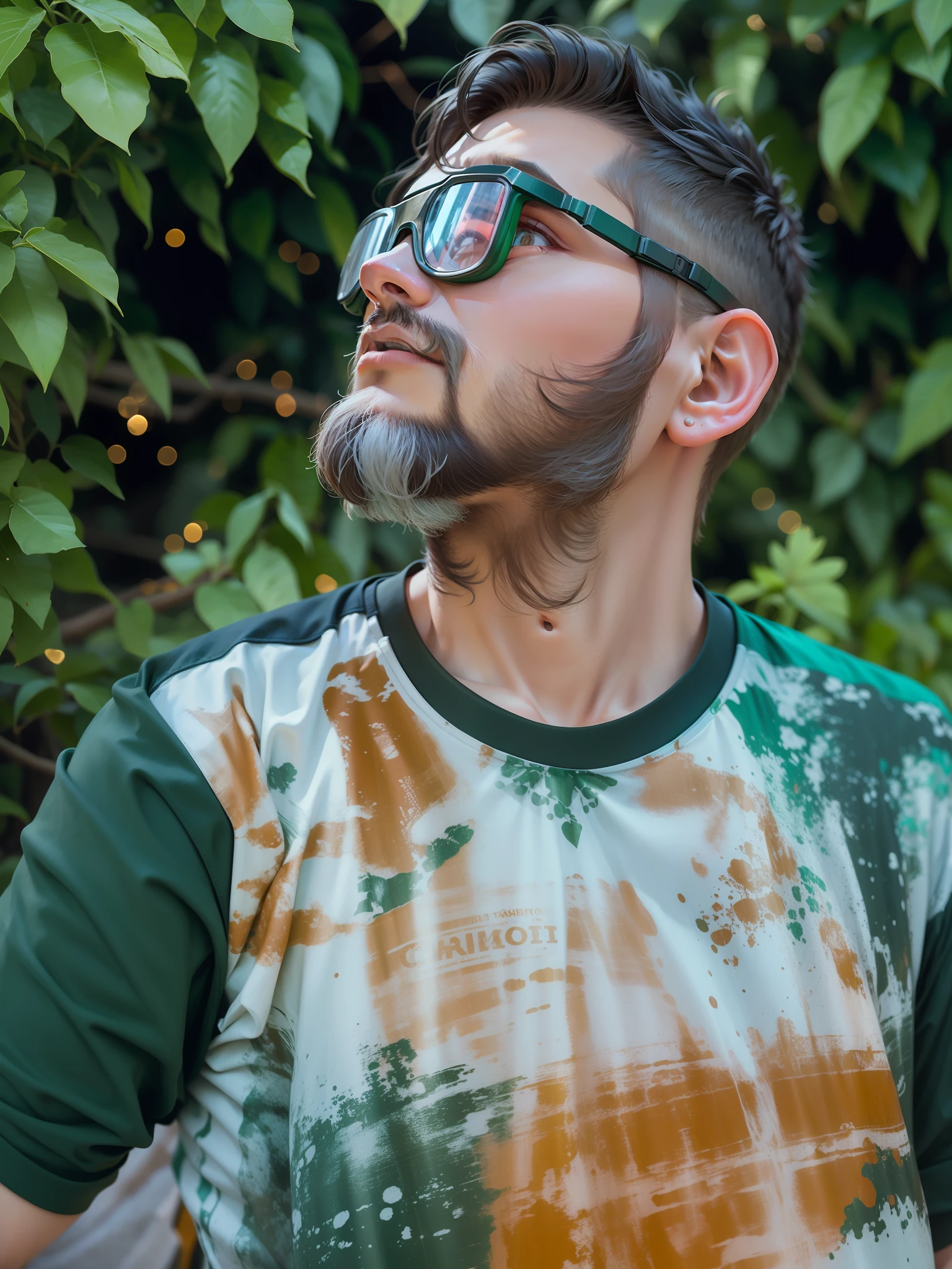 Um homem de 30 anos, wearing goggles, olhando para cima.