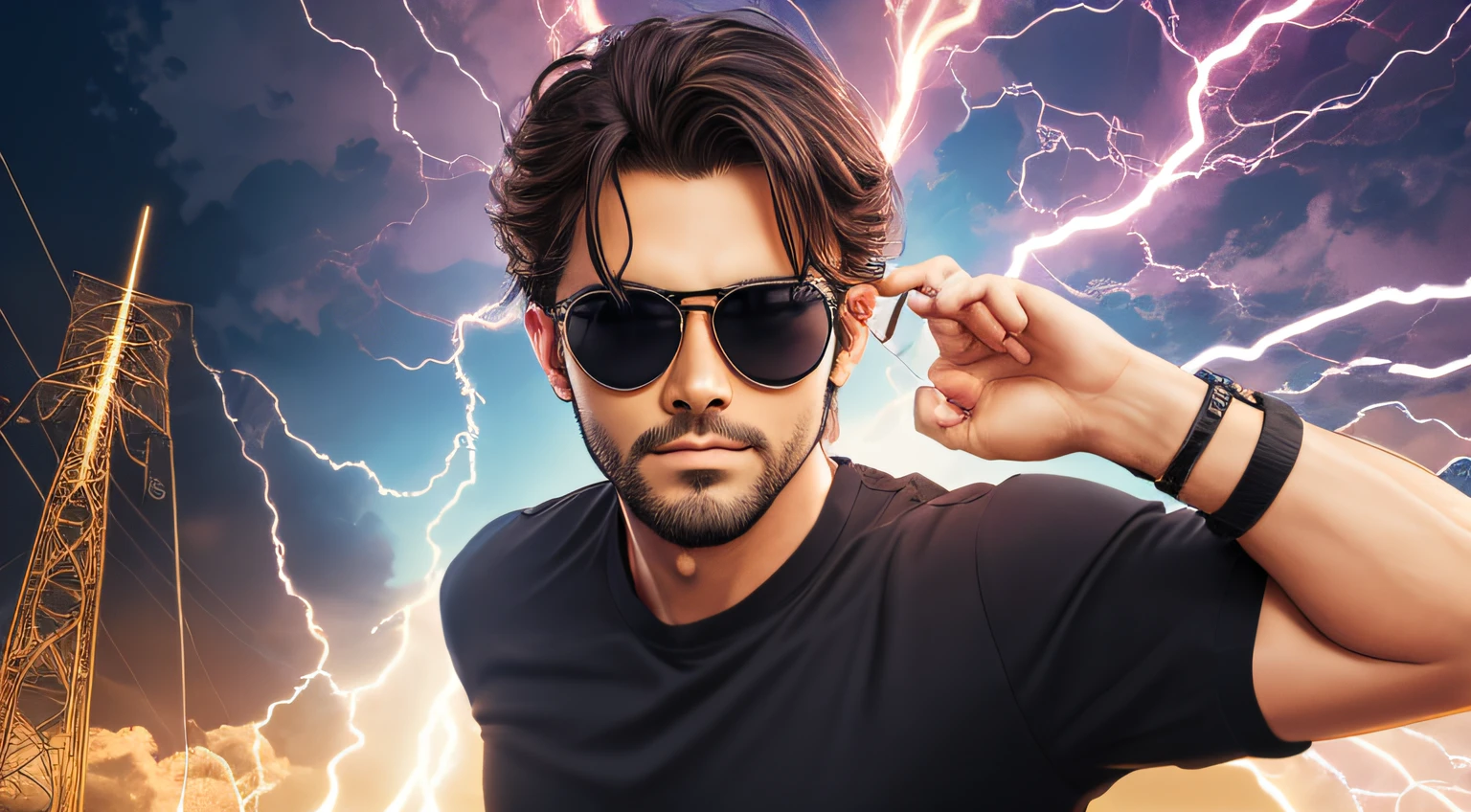 30 anos, with sunglasses and a black shirt posing for a photo, CABELOS LONGOS E COMPRIDOS escuros , fundo de raios, eletricidade, thunderbolt, thunder, lighnings, light.