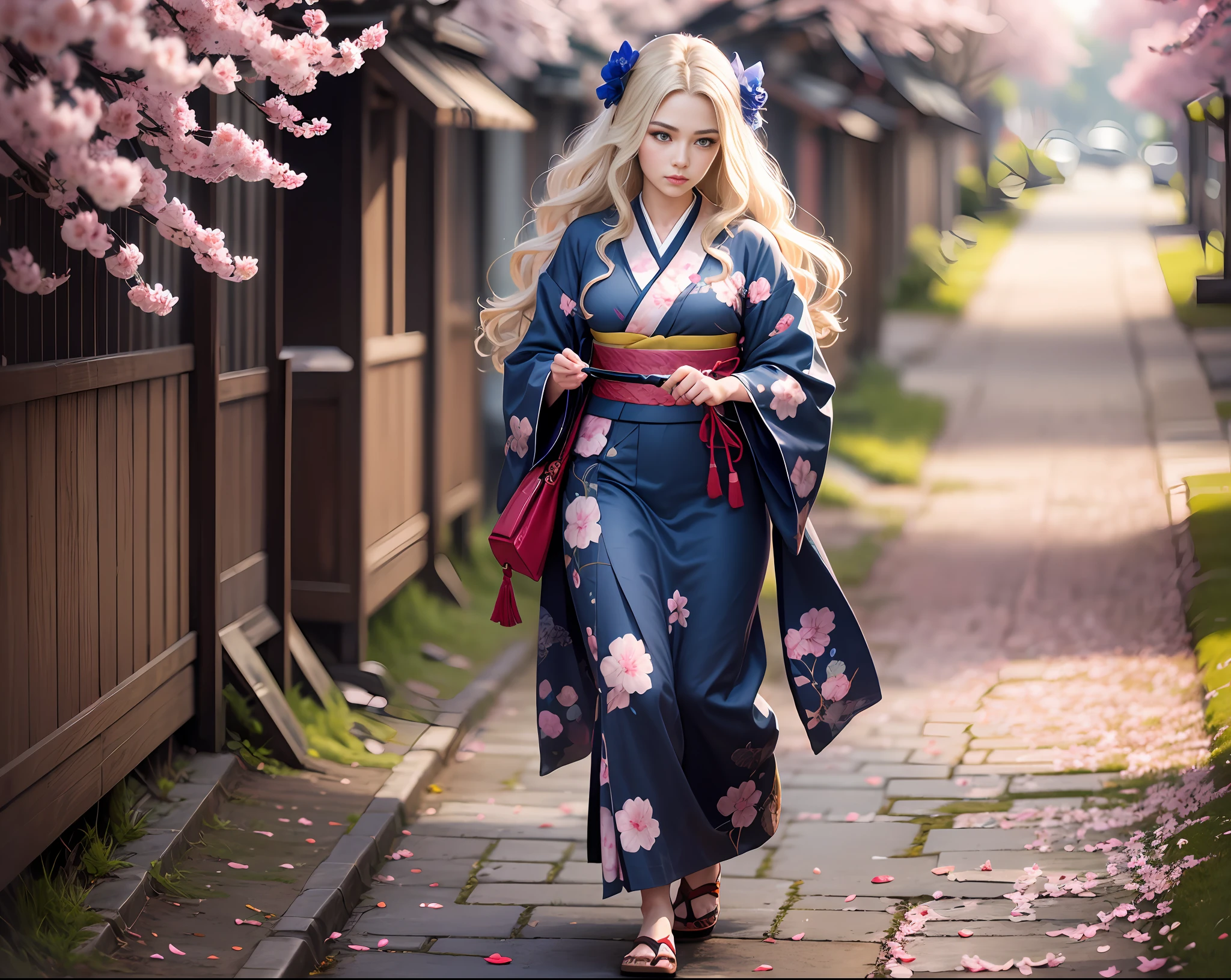 full frame, full body, detailed and detailed Russian girl, unusually beautiful with a long light blond braid of hair, age 16, walks along the alley with cherry blossoms in kimono and gane shoes, detailed and detailed kimono color dark blue brocade with application in the form of sakura inflorescences, detail  dark blue gane,detailed alley strewn with fallen sakura petals, ultra high resolution, clear focus, super detailed, natural light, sun rays, rim light, cinematic photo tinting, William Mortensen style --auto --s2