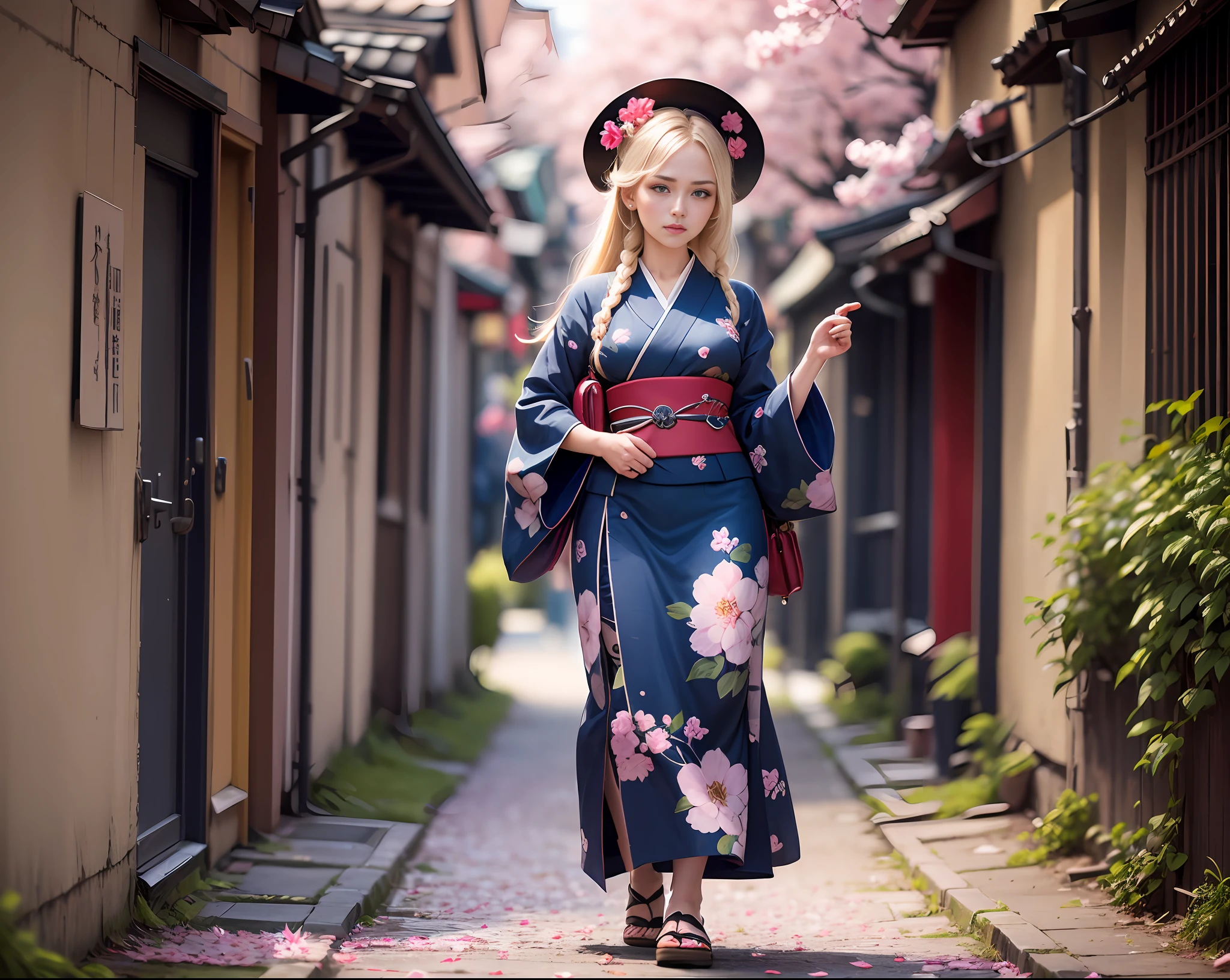 full frame, full body, detailed and detailed Russian girl, unusually beautiful with a long light blond braid of hair, age 16, walks along the alley with cherry blossoms in kimono and gane shoes, detailed and detailed kimono color dark blue brocade with application in the form of sakura inflorescences, detail  dark blue gane,detailed alley strewn with fallen sakura petals, ultra high resolution, clear focus, super detailed, natural light, sun rays, rim light, cinematic photo tinting, William Mortensen style --auto --s2