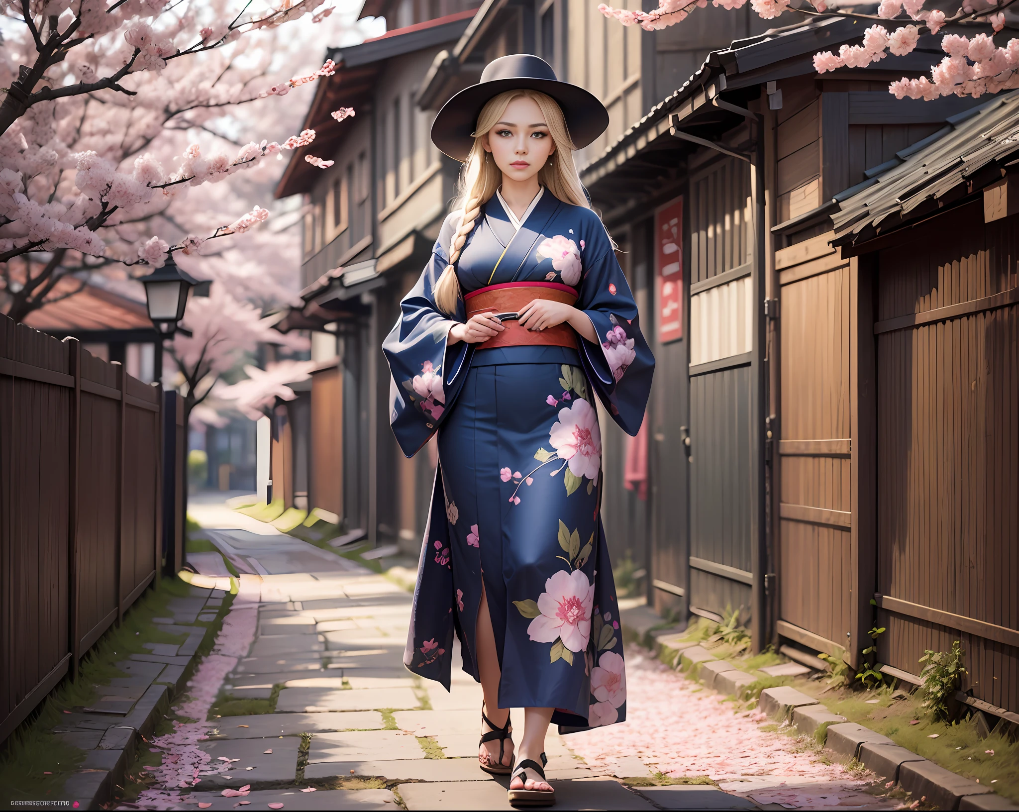 full frame, full body, detailed and detailed Russian girl, unusually beautiful with a long light blond braid of hair, age 16, walks along the alley with cherry blossoms in kimono and gane shoes, detailed and detailed kimono color dark blue brocade with application in the form of sakura inflorescences, detail dark blue gane,detailed alley strewn with fallen sakura petals, ultra high resolution, clear focus, super detailed, natural light, sun rays, rim light, cinematic photo tinting, William Mortensen style --auto --s2