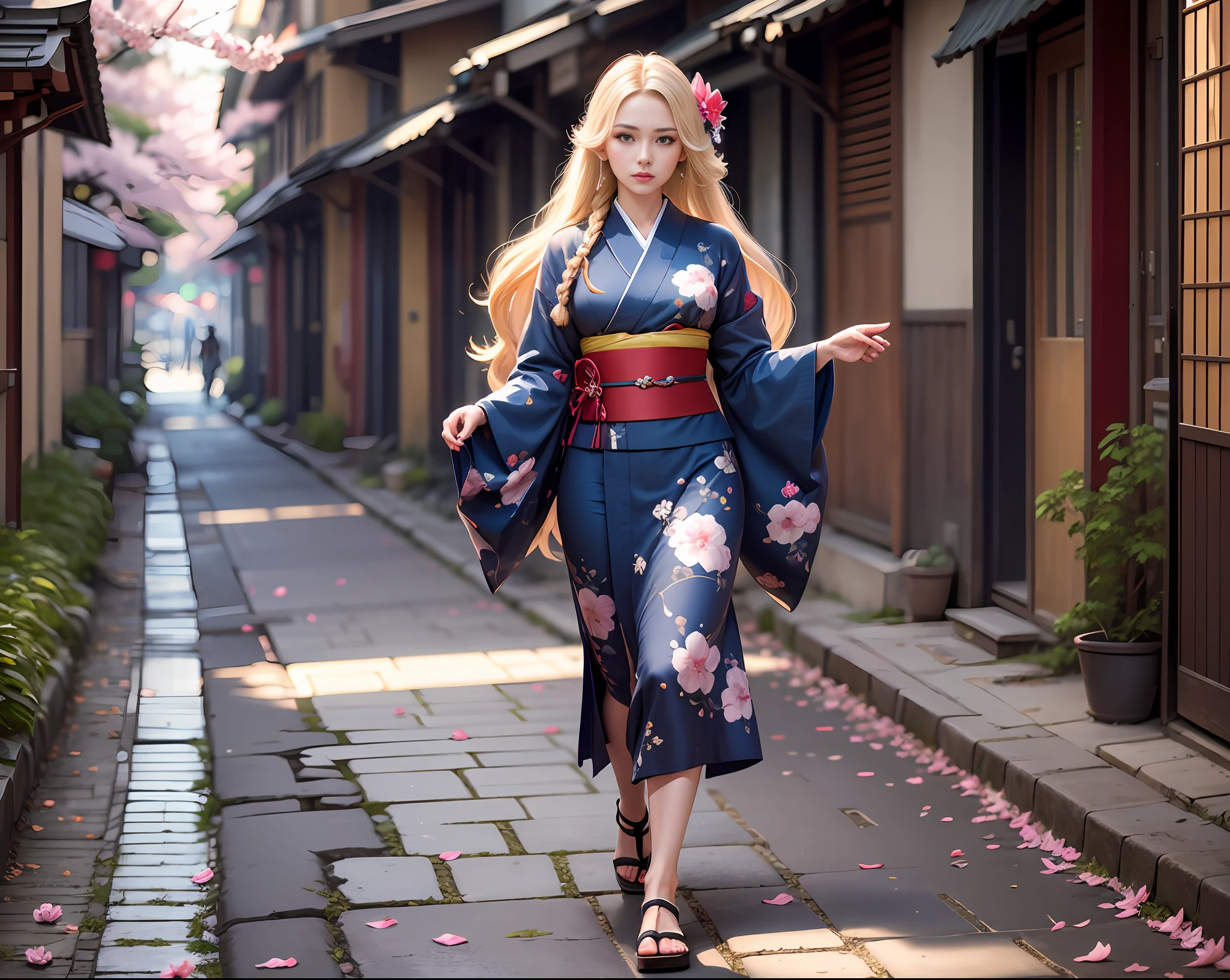 full frame, full body, detailed and detailed Russian girl, unusually beautiful with a long light blond braid of hair, age 16, walks along the alley with cherry blossoms in kimono and gane shoes, detailed and detailed kimono color dark blue brocade with application in the form of sakura inflorescences, detail  dark blue gane,detailed alley strewn with fallen sakura petals, ultra high resolution, clear focus, super detailed, natural light, sun rays, rim light, cinematic photo tinting, William Mortensen style --auto --s2