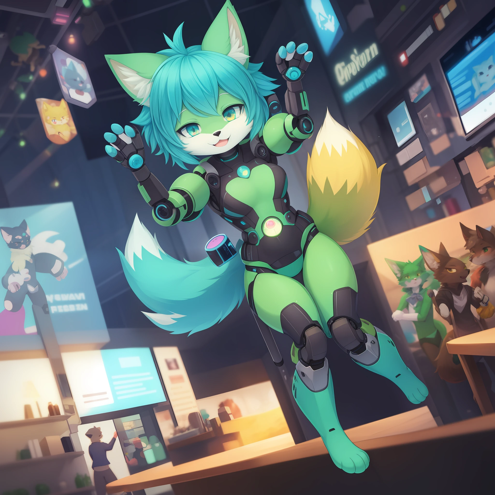 there is a cartoon of a cat that is flying in the air, digital green fox, fursona!!!!, furry furaffinity, cyan and green, fully robotic!! cat, with familiar sprites, furaffinity fursona, neko, cat from the void, fully robotic!! catgirl, blurry and glitchy, sprite 2 d