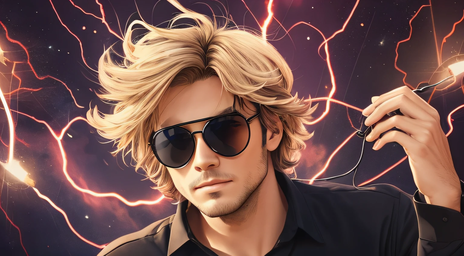menino 30 anos, with sunglasses and a black shirt posing for a photo, CABELOS LONGOS E COMPRIDOS escuros , fundo de raios, eletricidade, raio, thunders, lighnings, Luz.