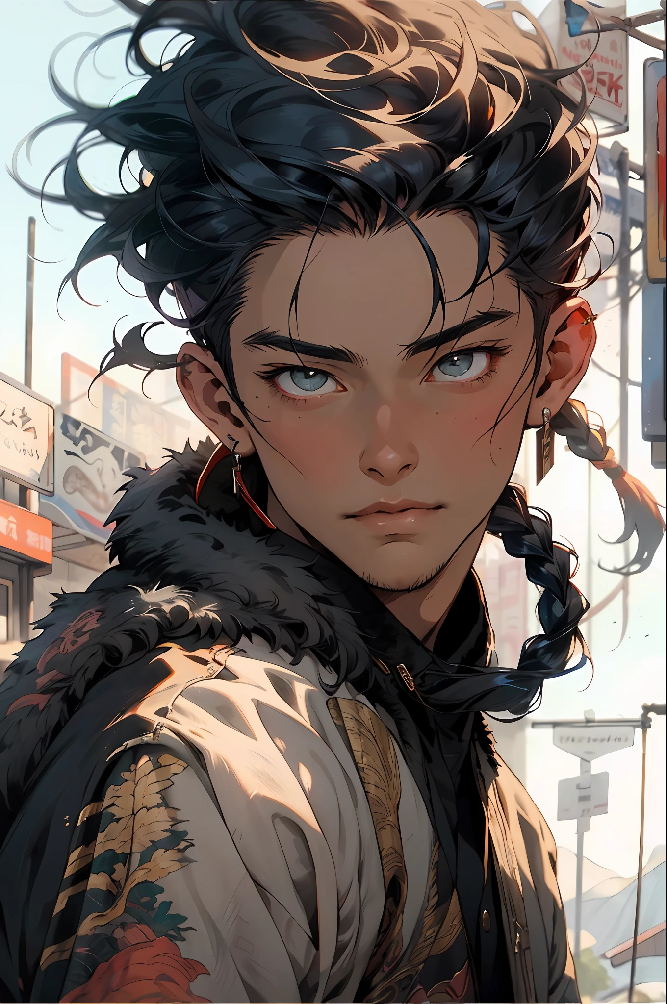 Realistic, (Masterpiece, Top Quality, Best Quality, Art officiel,), Very detailed, Most Detailed, (1boy:1.3), Gods, black hair, mysterious, handsome male, ((nomadic style)), steppe, herdsman, fur coat, ornaments, earings, single braid