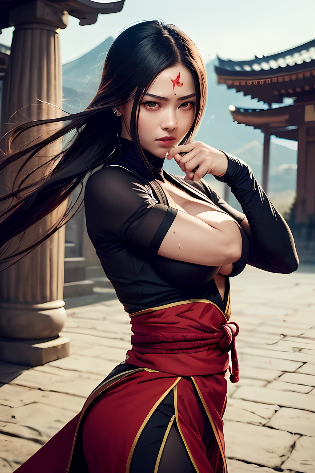 realistic, 1girl, high quality fingers, normal hands, detailed fingers, masterpiece, (realistic, photo-realistic: 1.37), realistic, 1girl, long hair:1.5, black hair:1.2, red eyes:1.5, bright eyes, mortal kombat, ninja, blood, scar, weapons, kimono, dress, mortal kombat suit, large breasts, fighting pose, serene look, temple, meditation, injuries, ninja mask, cover half of face, (sweat:  1)