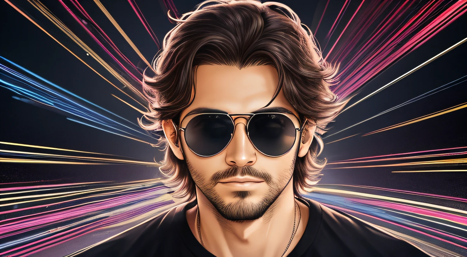 menino 30 anos, with sunglasses and a black shirt posing for a photo, portrait, CABELOS LONGOS E COMPRIDOS escuros , fundo de raios, eletricidade, raio, thunders, lighnings, Luz.