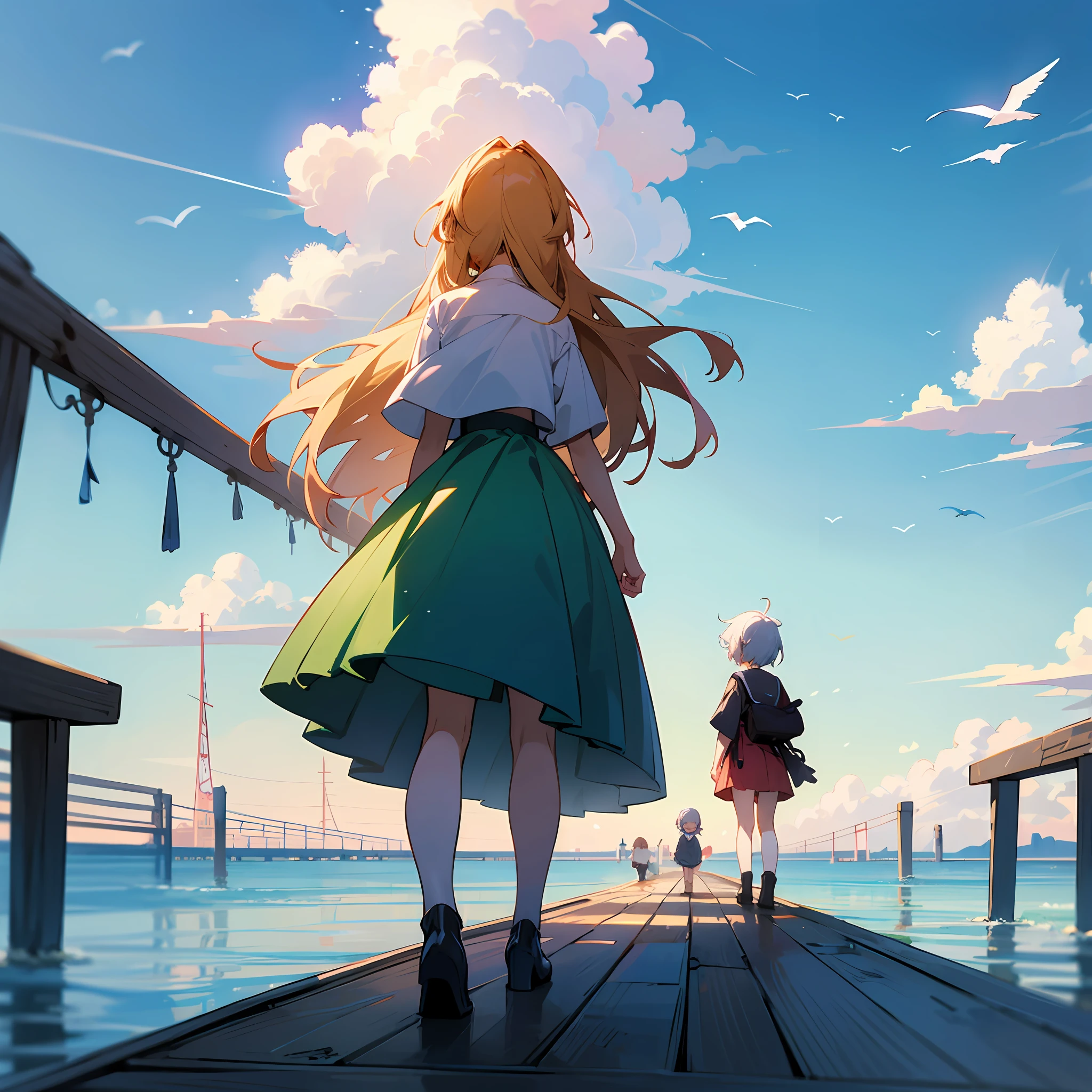 2 children looking at the horizon on a pier, floresta ao lado, birds in the sky, anime version, Anime estilo Ghibi, HD 4k |, 8k, obra prima, alta qualidade, --auto