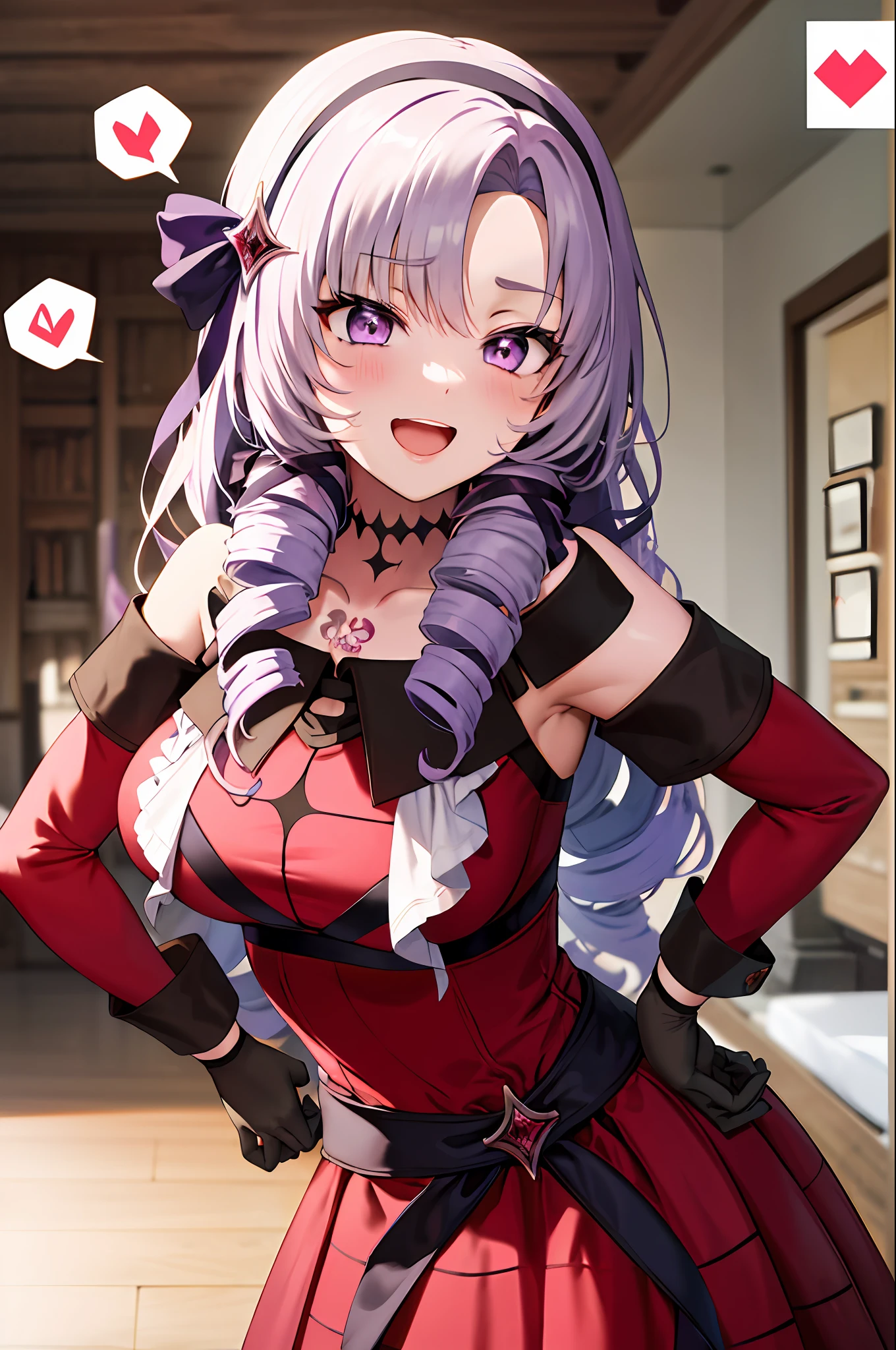 Maste Piece, Best Quality, high resolucion, 
hmsalome, Drill Hair, Parted bangs, Purple Eyes, black hairband, 
ribbon from, Large breasts, The tattoo, Red dress, Long sleeves, Bare shoulders, Black Gloves,
ojou-sama pose, Laughing,Naughty face, Open mouth,spoken heart, hands on hip,
 Indoors,