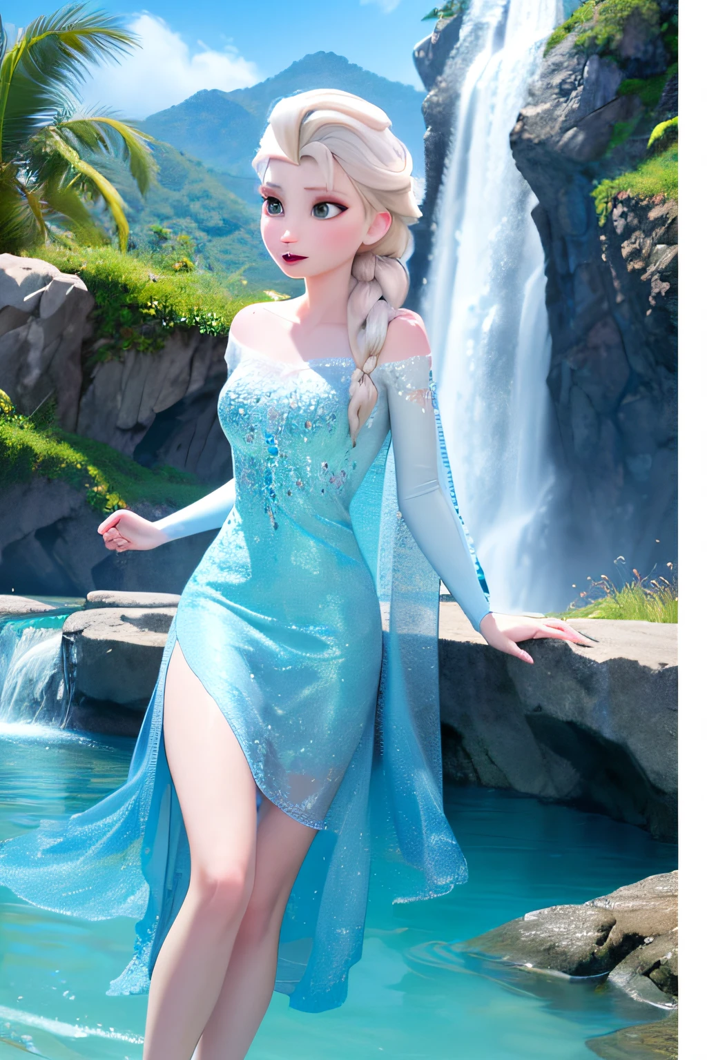 (masterpiece:1.4), (best qualit:1.4), (high resolution:1.4), Digital art realistic, imagine v1, Elsa frozen, Frozen dressed, short dress princess, Short and line skirt, transparent skirt and cloak, sexy Elsa, Elsa Disney princess, beautiful Elsa, half open chest dress, beautiful art, (ocean, shore, waterfall,  authumn:1.3)