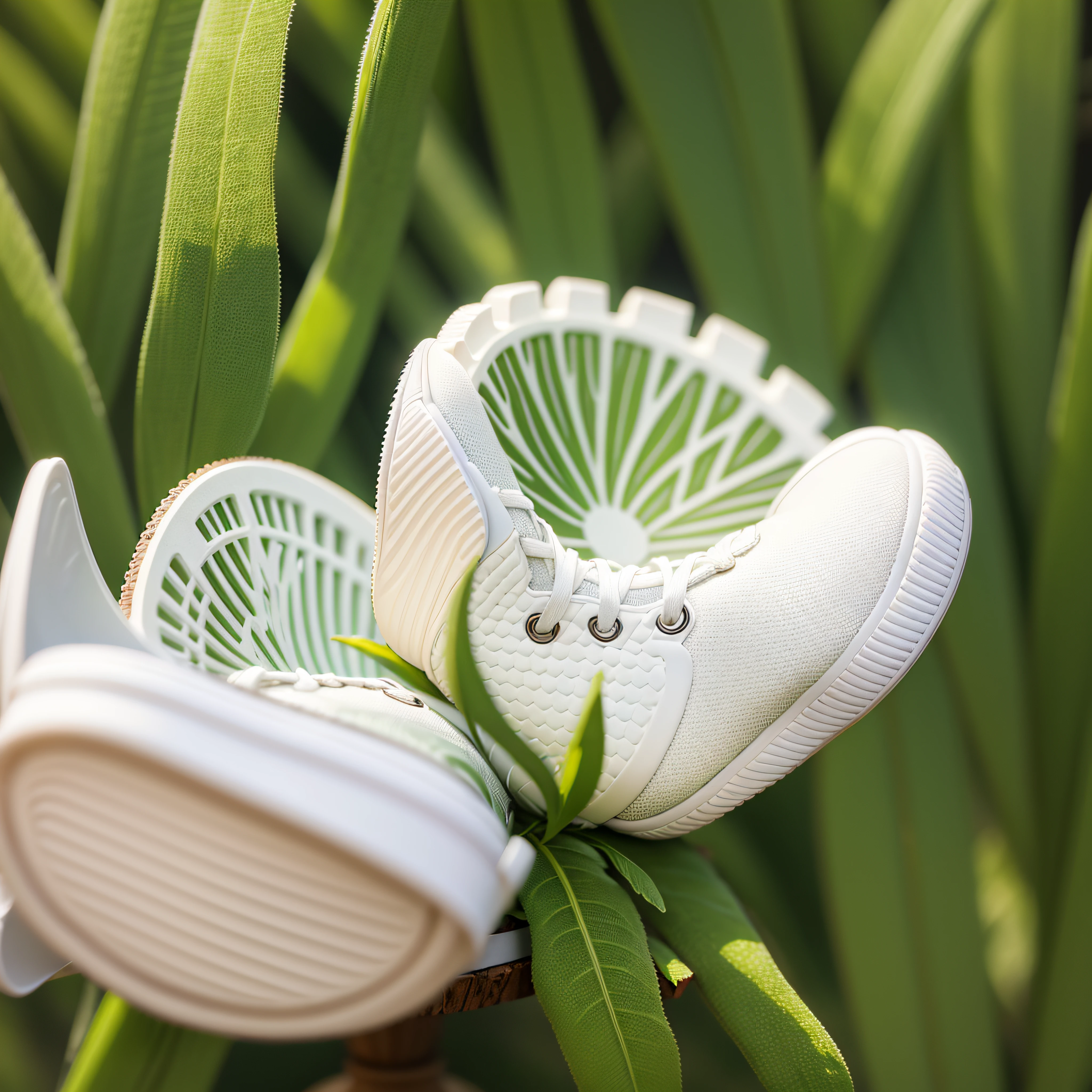 a white sneaker sitting on top of a throne made of plants, white shoes, by Rhea Carmi, focused only on sneakers, sneakers, karma, grainy, 😭 🤮 💕 🎀 on textured base; Store website, the best, low range, Karolina Cummings, high quality product photography, captured on Canon EOS R 6, f/2 0 --auto --s2