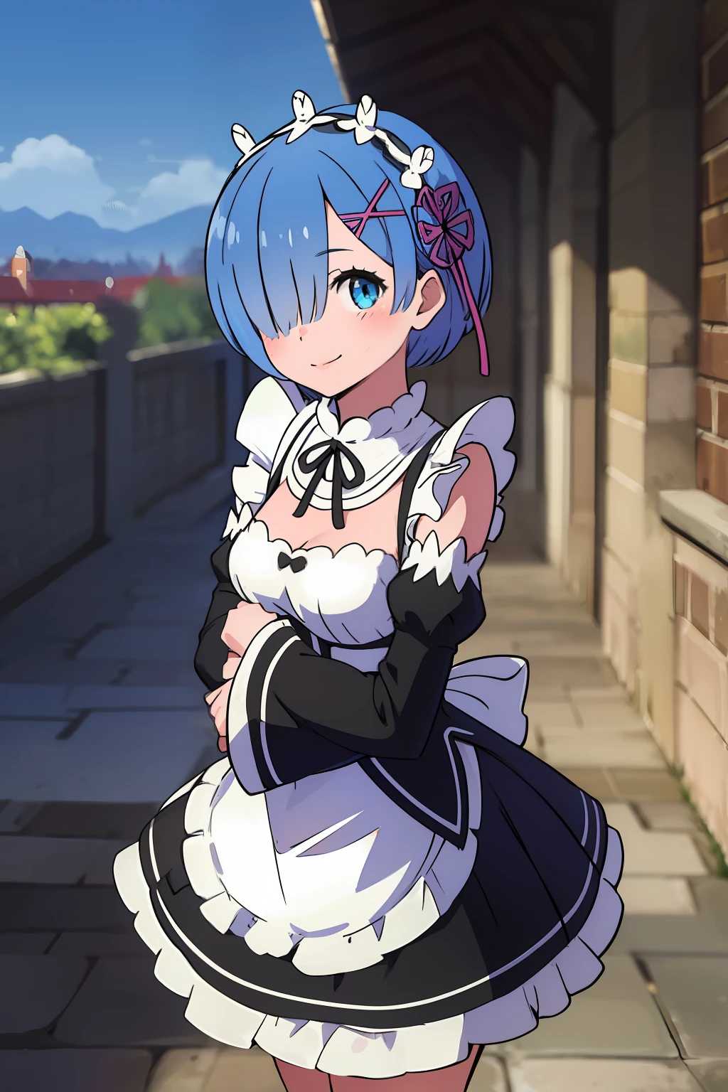 remrezero, 1girl, solo, breasts, looking at viewer, blush, smile, short hair, blue eyes, hair ornament, ribbon, blue hair, outdoors, detached sleeves, hair over one eye, maid, maid headdress, x hair ornament, pink ribbon, roswaal mansion maid uniform, photo background