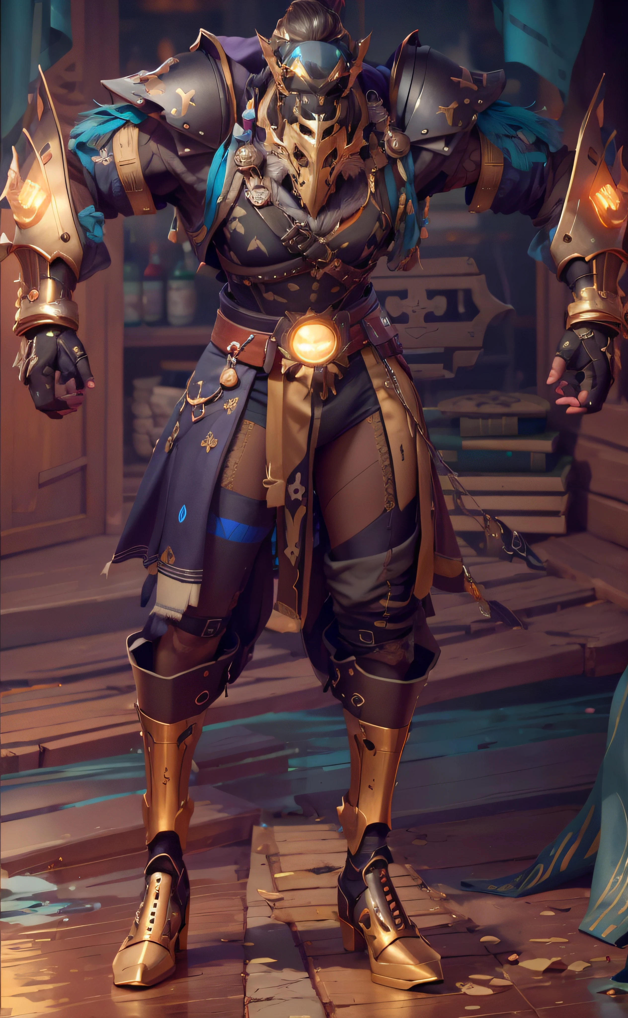 um close up de uma pessoa em um traje com uma espada, pele de bronze, sea of thieves style, Taliyah, roupa de ferreiro, Skin de Overwatch, Detalhes do caractere 8K, Pharah, arte de splash do personagem, lunar themed attire, estilo fantasia 8 k octane render, Personagem Genshin Impact, conceito detalhado de corpo inteiro, armadura dourada e de cobre, trending on polycount