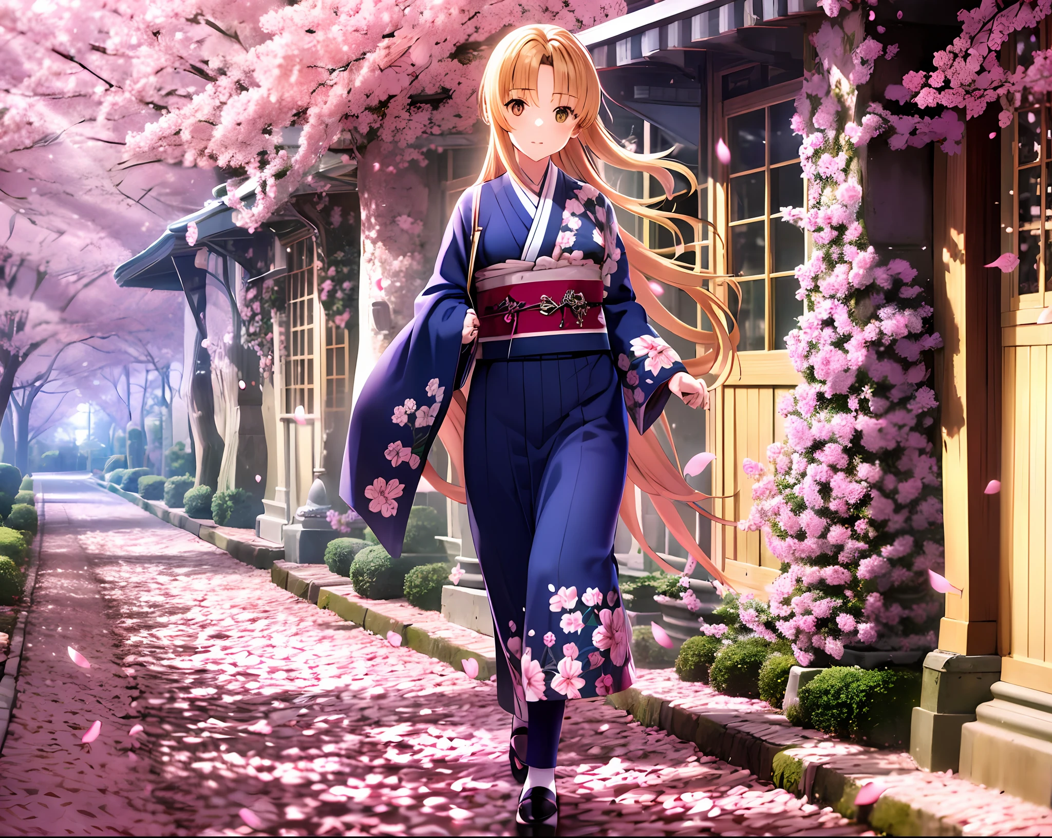 full frame, full body, detailed and detailed Russian girl, unusually beautiful with a long light blond braid of hair, age 16, walks along the alley with cherry blossoms in kimono and gane shoes, detailed and detailed kimono color dark blue brocade with application in the form of sakura inflorescences, detail  dark blue gane,detailed alley strewn with fallen sakura petals, ultra high resolution, clear focus, super detailed, natural light, sun rays, rim light, cinematic photo tinting, William Mortensen style --auto --s2