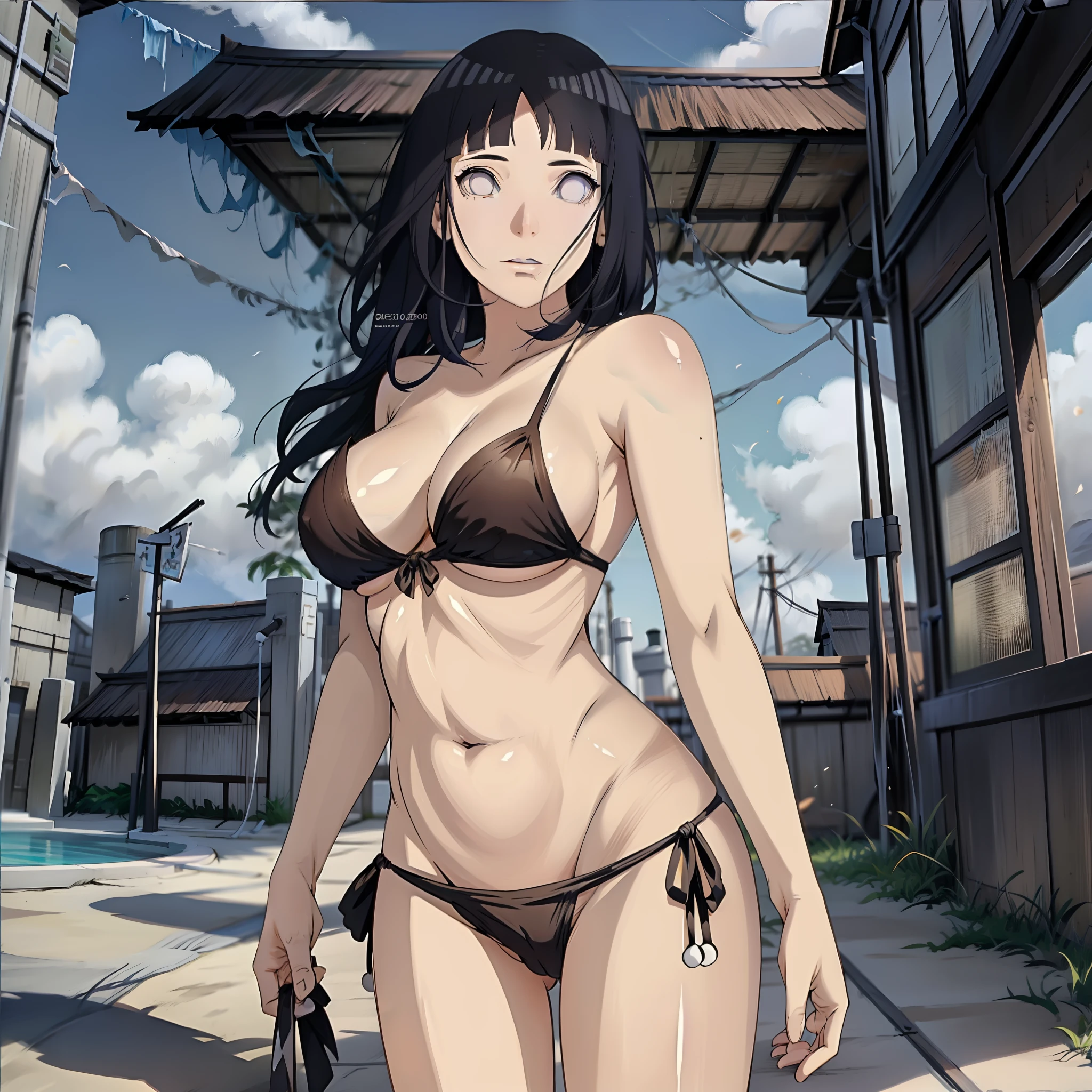 melhor qualidade, highres, 1girl, solo, cabelo preto, seios, rabo de cavalo dobrado, olhos laranjas , seios grandes, micro bikini, ao ar livre, Cowboy Shooting ]