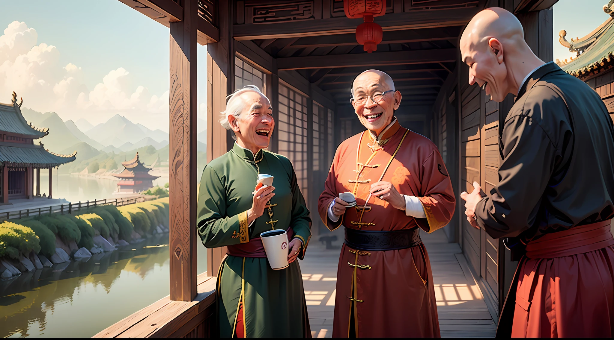 (ultra-detailed CG, masterpiece, best quality), (best illumination, best shadow, an extremely delicate and beautiful),(3 elderly monks), (laughing joyfully), (serene and picturesque landscape), (ancient China), (traditional Chinese architecture), (dynamic angle), (vibrant colors:1.1) --auto