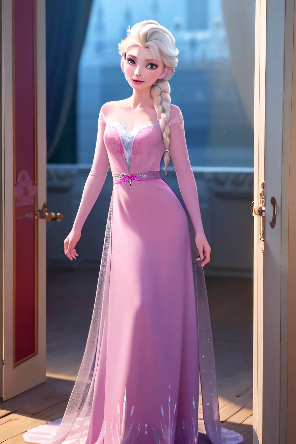 masterpiece:1.4), (best qualit:1.4), (high resolution:1.4), Digital art realistic, imagine v1, Elsa frozen, Frozen (glowing dark-pink gown) grown-up, nightgown princess, Short sexy long skirt, transparent skirt and coat, sexy Elsa, Elsa Disney princess, beautiful Elsa, half open chest dress, beautiful art,