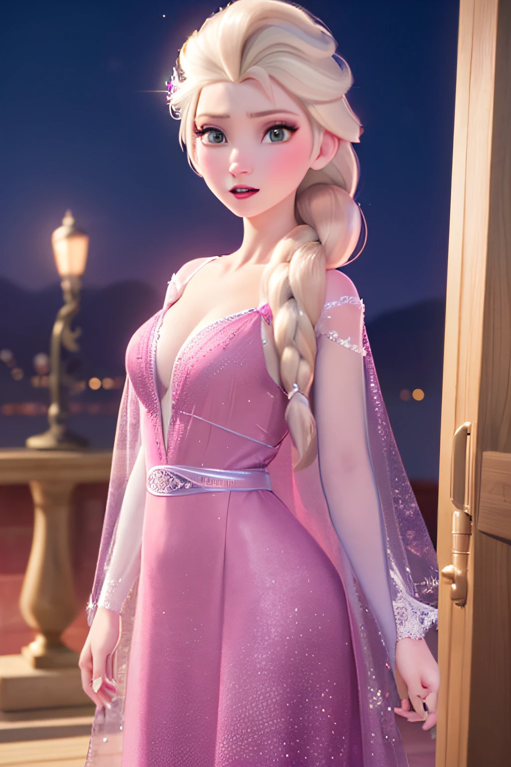 masterpiece:1.4), (best qualit:1.4), (high resolution:1.4), Digital art realistic, imagine v1, Elsa frozen, Frozen (glowing dark-pink gown) grown-up, nightgown princess, Short ???? long skirt, transparent skirt and coat, ???? Elsa, Elsa Disney princess, beautiful Elsa, half open ????? dress, beautiful art,