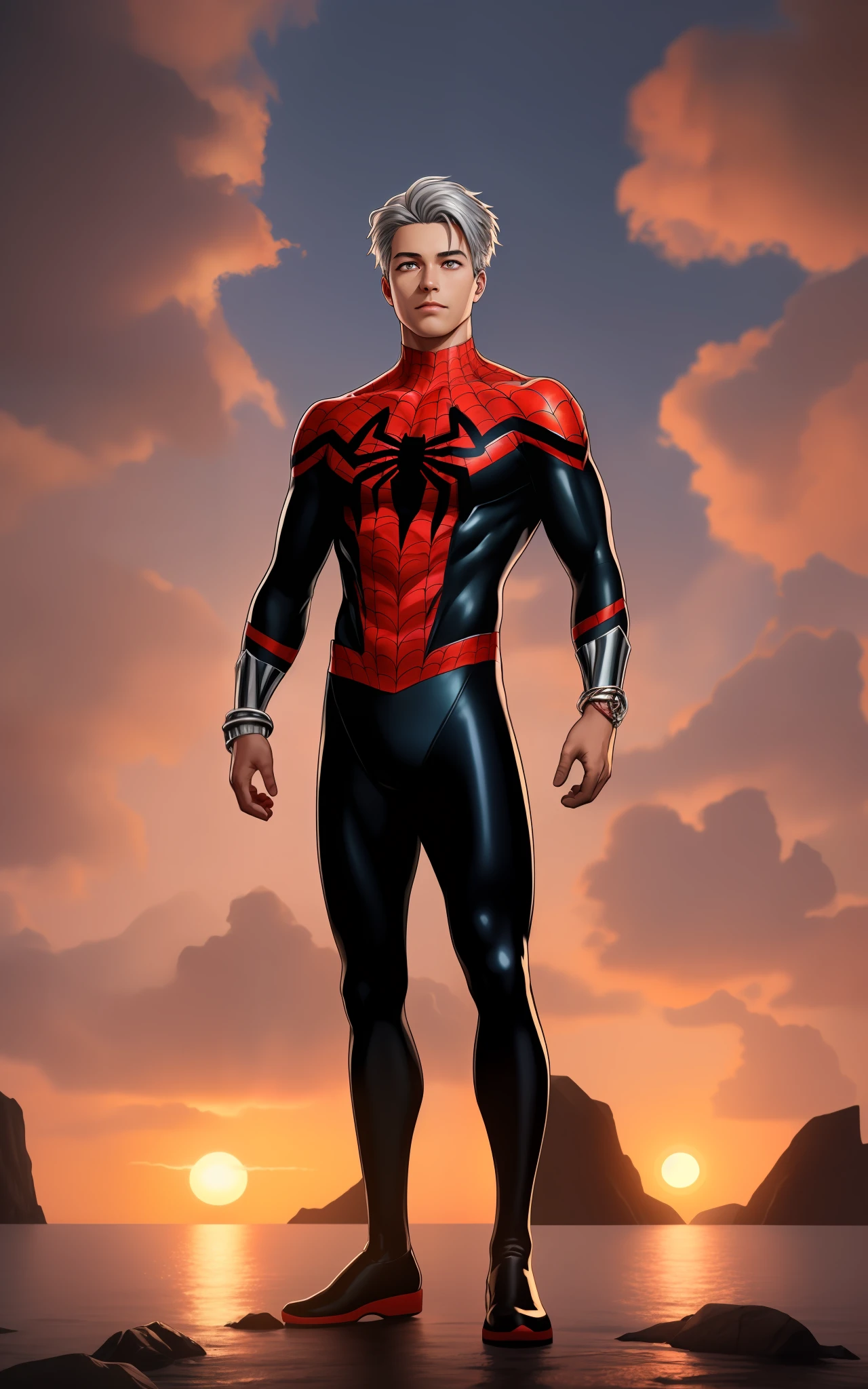 (((full body of male supspr))), (((silver bracelets))), (((sharp fingers))), a spider - man in a red and black suit looking at the sunset, 8k, unreal engine, octane render, by seunghee lee, Jang Tae-Hwan, Chocofing R, seungho lee, trending on pixiv, fanbox, skeb, masterpiece, smooth soft skin, big dreamy eyes, beautiful intricate colored hair, symmetrical, anime wide eyes, soft lighting, concept art, digital painting,