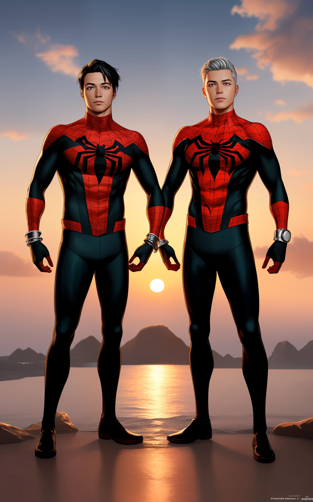 (((full body of male supspr))), (((silver bracelets))), (((sharp fingers))), a spider - man in a red and black suit looking at the sunset, 8k, unreal engine, octane render, by seunghee lee, Jang Tae-Hwan, Chocofing R, seungho lee, trending on pixiv, fanbox, skeb, masterpiece, smooth soft skin, big dreamy eyes, beautiful intricate colored hair, symmetrical, anime wide eyes, soft lighting, concept art, digital painting,