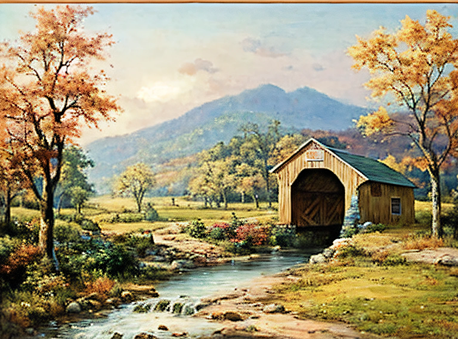 painting of a covered bridge in a country setting with a stream, hildebrandt, covered bridge, inspired by Edward Lamson Henry, by David B. Mattingly, inspired by Terry Redlin, scenery artwork, by Harold Sandys Williamson, scenery art detailed, rural splendor, american oil painting, thomas kindkade, detailed digital artwork, thomas kincade, published art