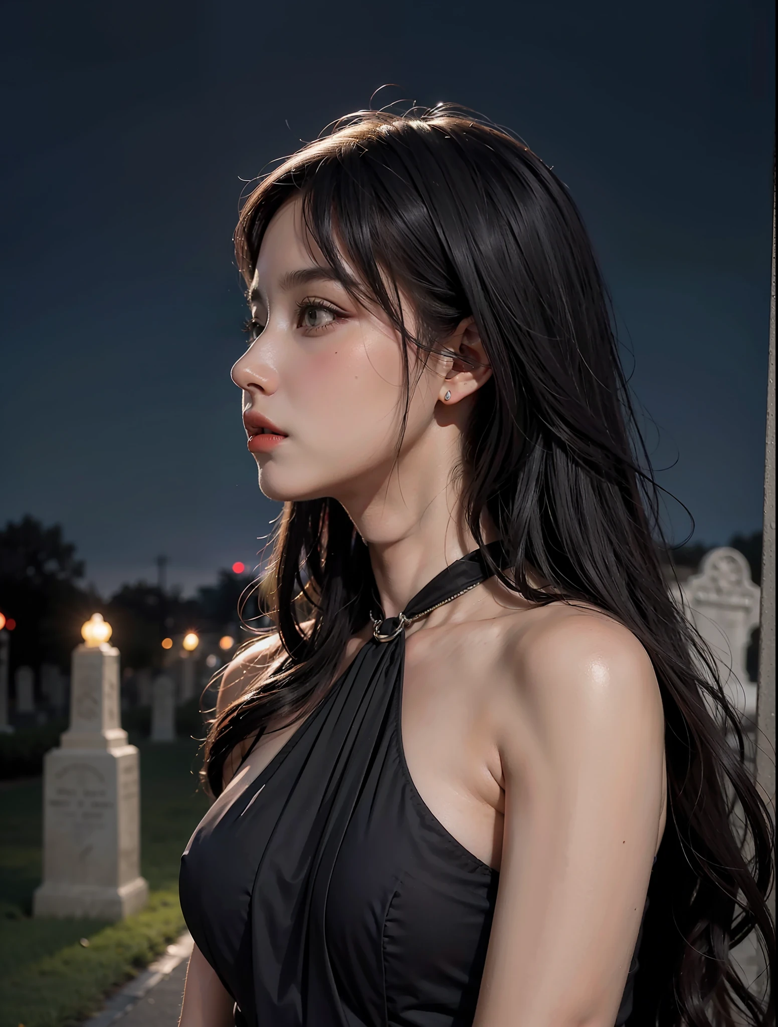 realista, 1Menina, cabelo preto, Cabelo Ondulado Longo, Olhos Violeta, olhar sombrios, jaqueta de couro, fantasia, Cemetery at night in the background, Serious expression, mid breasts, Crescer, sardas em todo corpo, boca fechada
