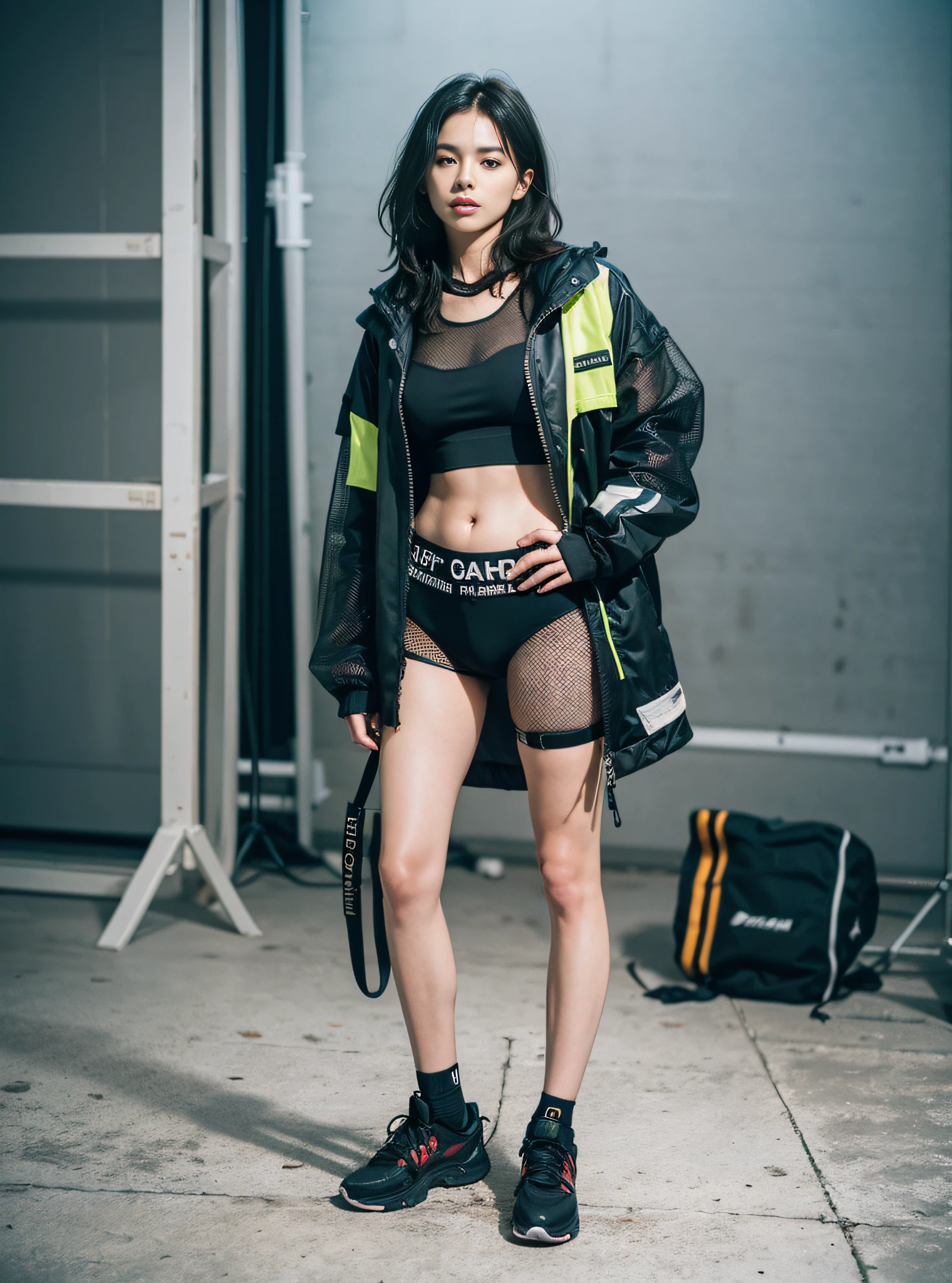 (acronym:1.2, tech wear:1.2, studio photography:0.9, hamcus:1.1), mesh jacket or vest, detailed and textured fabricks (worn by the model), dark and moody lighting, minimalistic background, futuristic vibe.