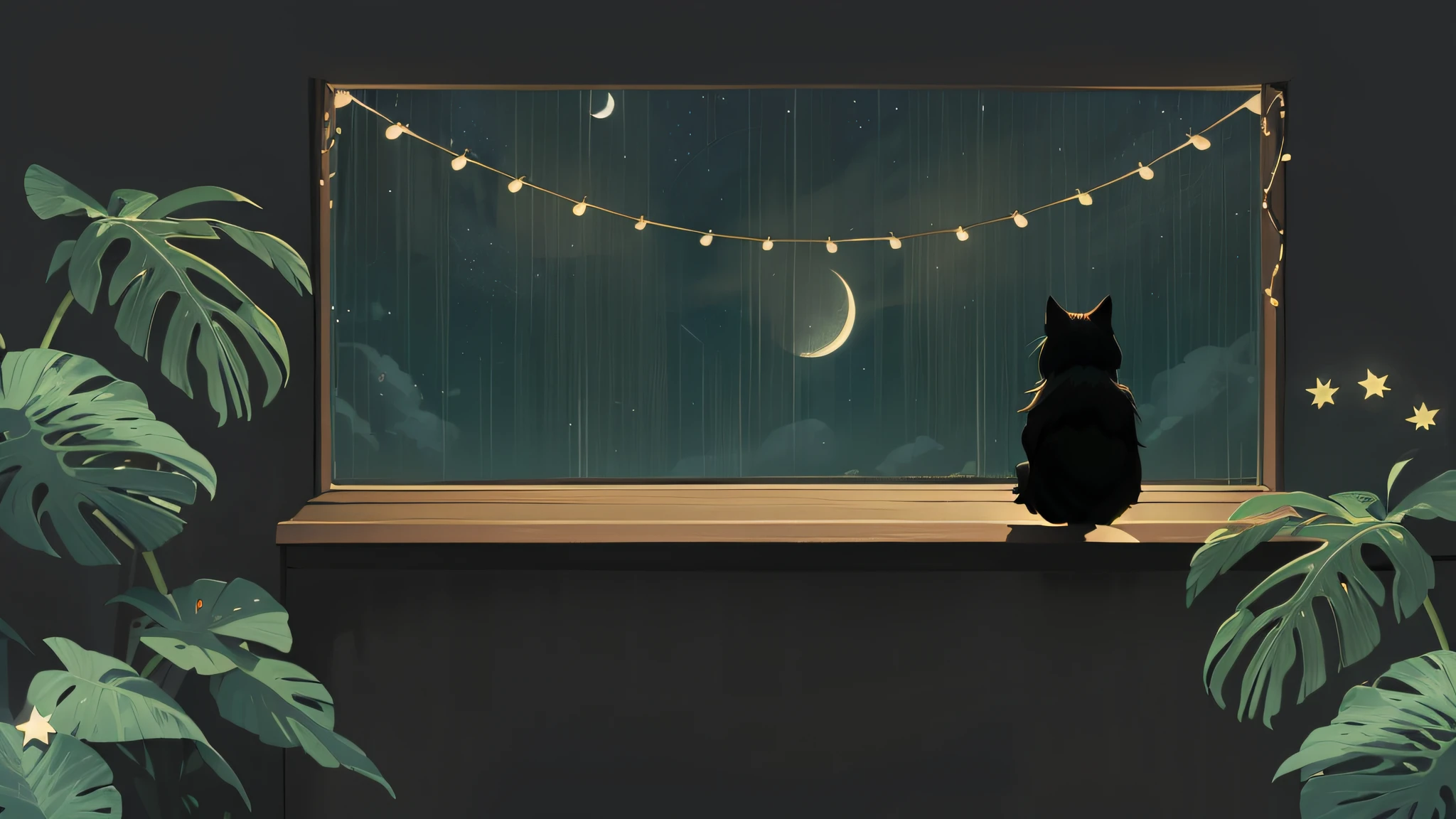 A bedroom window with night sky, full moon and stars in the sky illustration (illustration 8k), (Best quality) (Intricate details) (8K) (night sky)