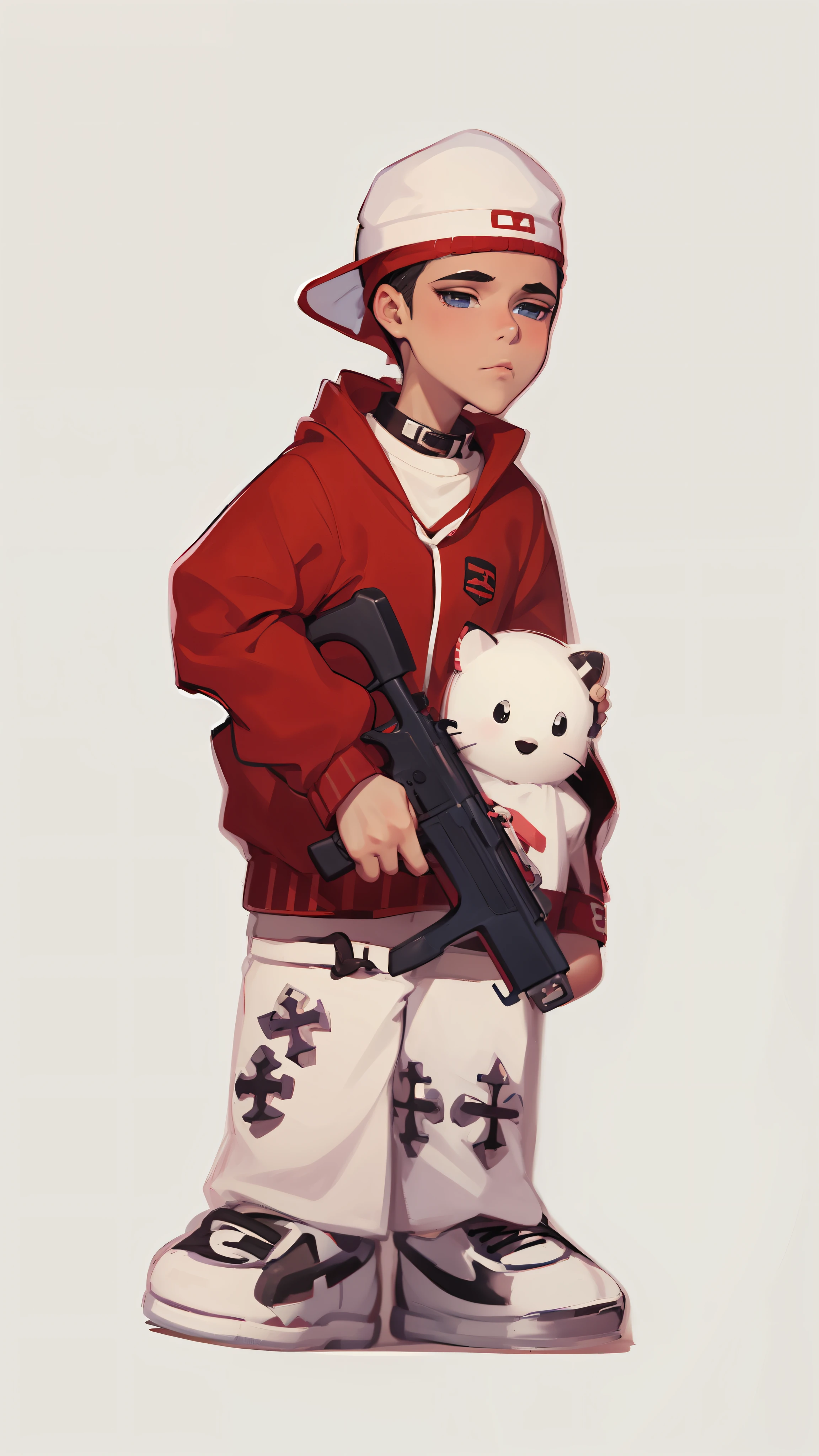 1 boy de pele branca segurando uma pistola, bonnet , white sneakers, preto branco, gangster, semblante vazio, semblante entediado, melhor qualidade, vermelho, roxo, manga, cartoon, irrealista, rosa, olhar maldoso, corrente de brilhantes