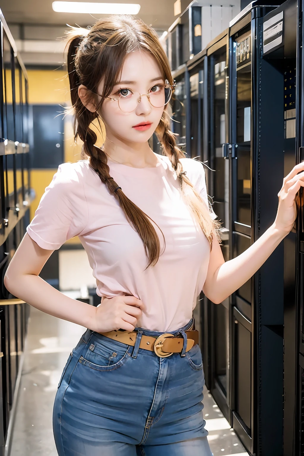 Girl, classic anime style. Standing, determined pose. Full body portrait, blue eyes, golden eyeglasses, sapphire blue hair, long hair, pigtails, braids, blush. Yellow shirt, blue jeans, Belt, buckle. Server room. Highly detailed. Radiant. Cinematic lighting.