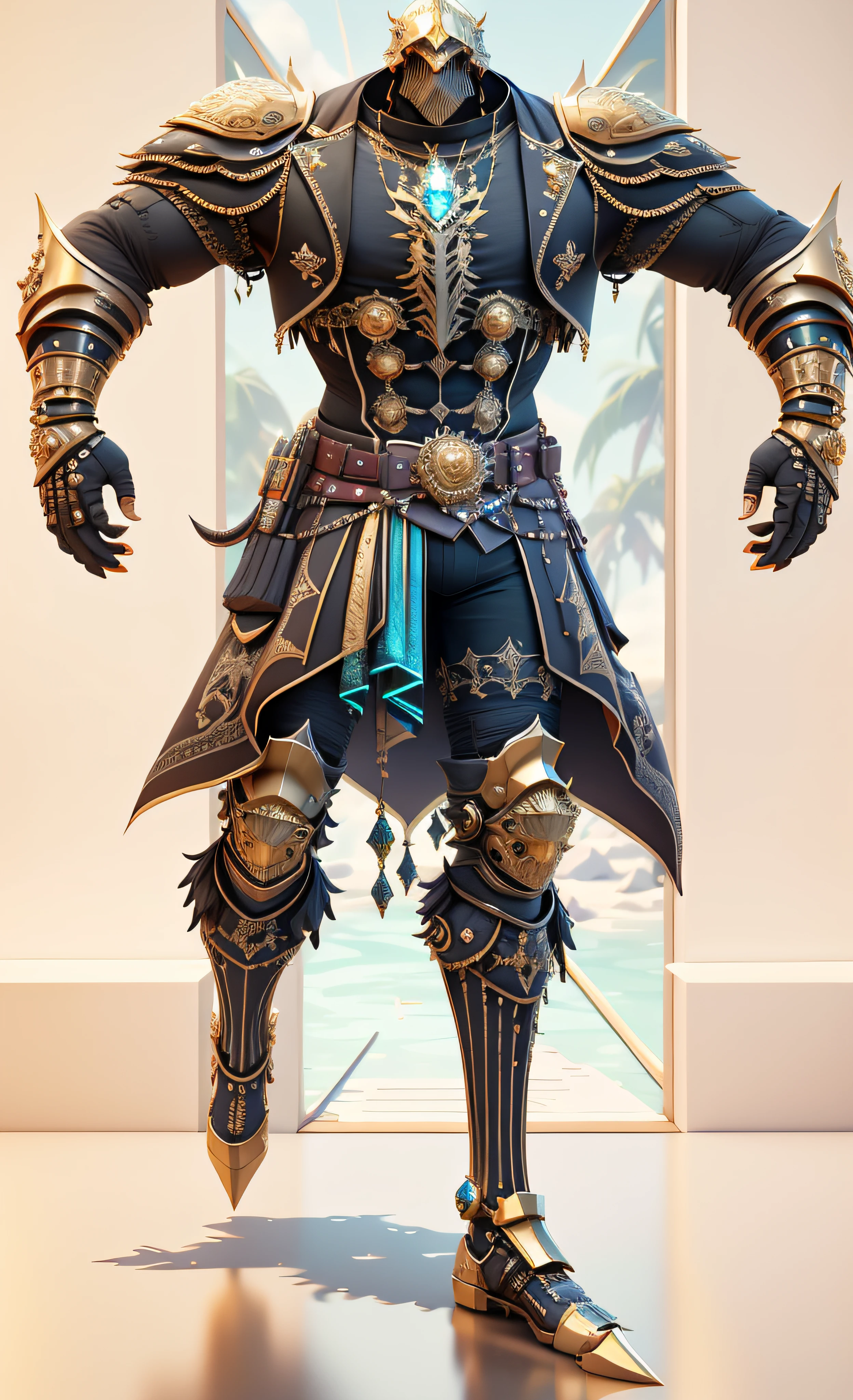 um close up de uma pessoa do sexo masculino em um traje com uma espada, luzes brilhantes na armadura, luz saindo da armadura, golden tech robes, vestes cyberpunk ornamentadas, 8k detalhe insano, cinematic full shot, rachaduras de linha brilhante na armadura, sea of thieves style, cinematic detail, com brilho em algumas de suas partes, pele azulada, 3d render em 8k, melhor qualidade, obra-prima, nikon, luz e sombras realista, 8k, ray tracing, NVIDIA, unreal engine 5,