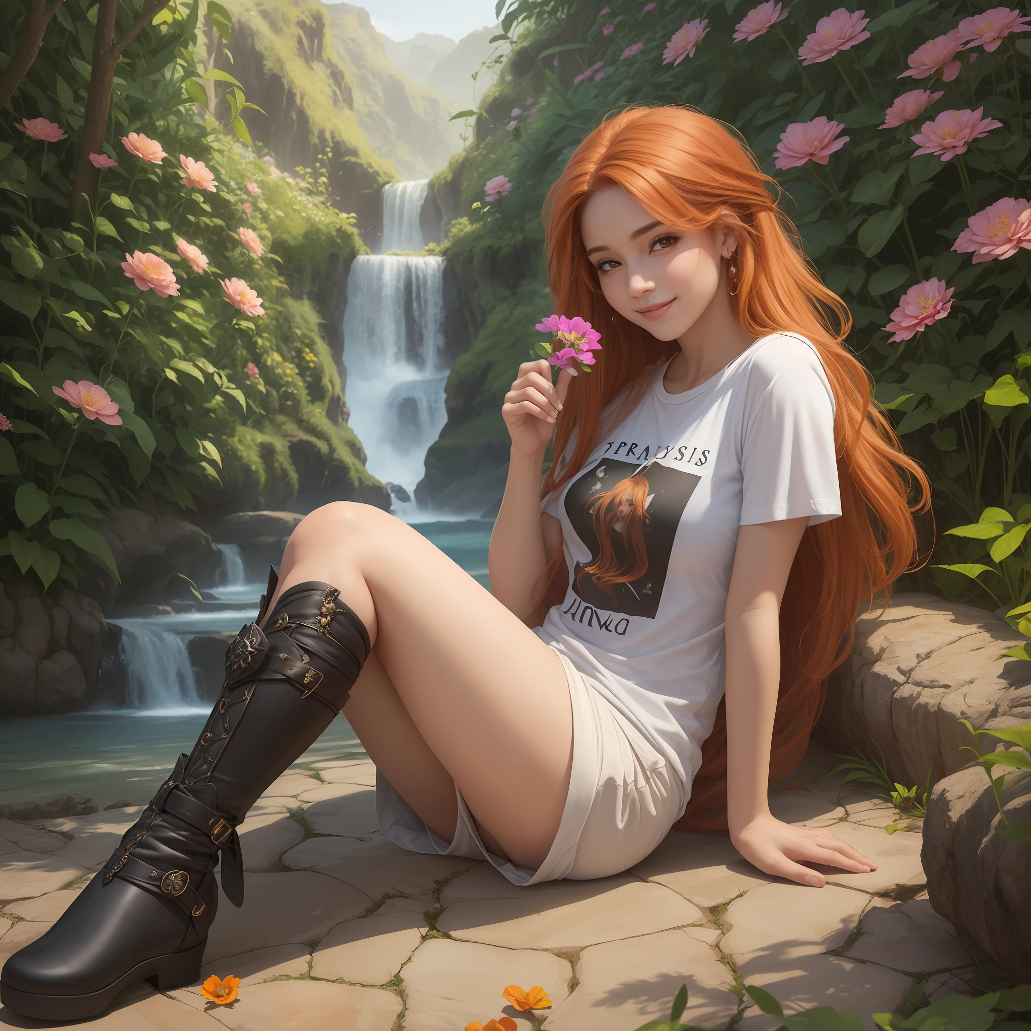 (Melhor qualidade, obra-prima, ArtStation, Fantasy Art: 1.2), uma linda bonita, varanda do jardim, sorrindo, sitting with a flower in her hand (long messy ginger hair: 1.1), (camiseta preta longa, pernas nuas: 1.2)