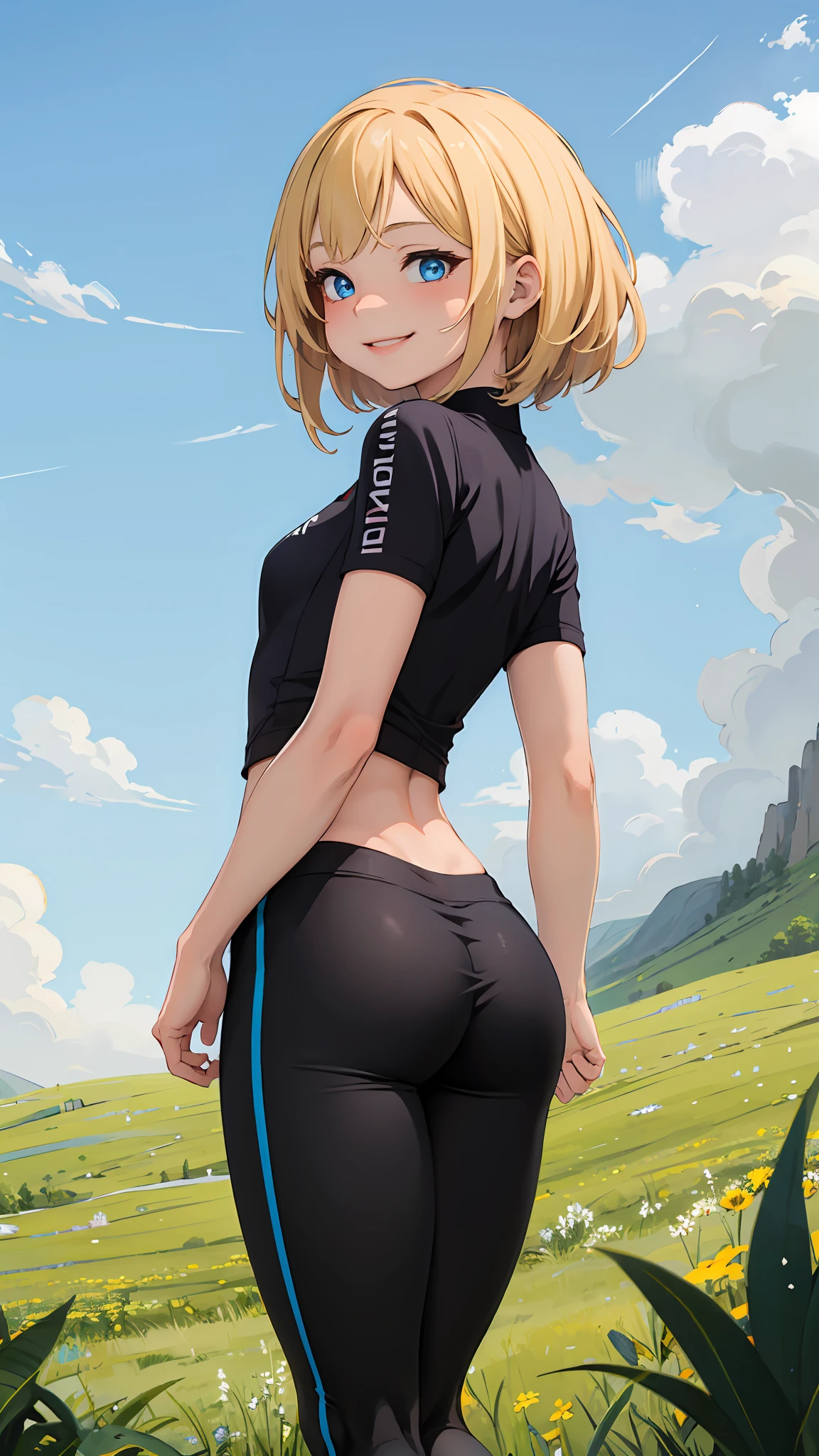 best quality, masterpiece, small breasts, , smile, legging, alone, anime style, daytime, blue sky, blue eyes, detailed eyes, medium hair, blonde hair, loose hair, bangs, butt, grass field,