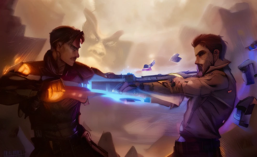 two men are fighting with a gun in a dark room, Albert Wesker e Chris Redfield, Confronto-se num dueloo, Charlie Bowater e Mark Brooks, tiroteio, Edmund Blair e Charlie Bowater, James Gurney e Andreas Rocha, duelo, estilo de arte borderlands, Szukalski & Blade Runner, fanart de alta qualidade, Sci - Arte Fi!!!!!!! --auto