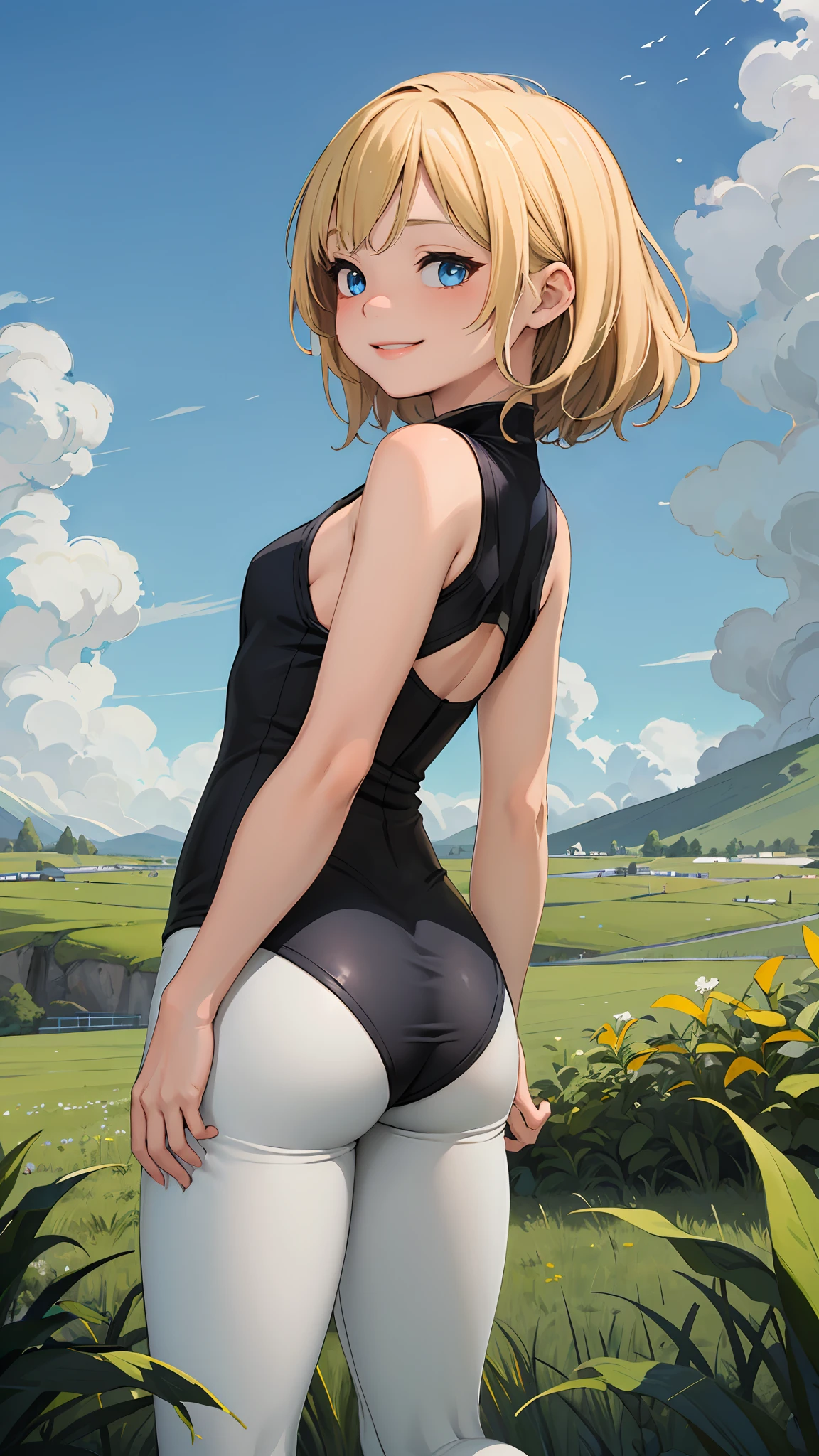 best quality, masterpiece, small breasts, , smile, legging, alone, anime style, daytime, blue sky, blue eyes, detailed eyes, medium hair, blonde hair, loose hair, bangs, butt, grass field,