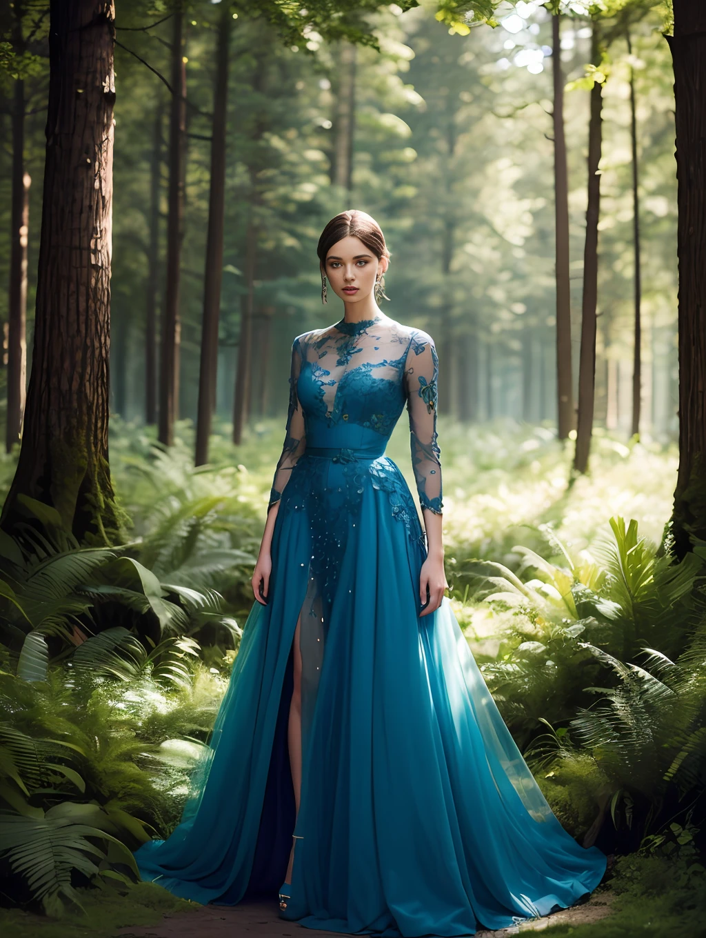 A high-fashion model in a flowing Elie Saab dress, posed amidst an enchanted forest. Tim Walker(Tim Walker)For Mary Claire(Marie Claire)The photographed profile harmoniously blends fashion and nature – AR 2:3 50 --style raw --auto --s 2