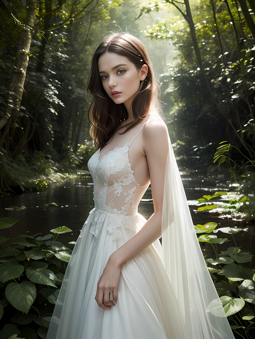 A high-fashion model in a flowing Elie Saab dress, posed amidst an enchanted forest. Tim Walker（Tim Walker）For Mary Claire（Marie Claire）The photographed profile harmoniously blends fashion and nature – AR 2:3 50 --style raw --auto --s 2