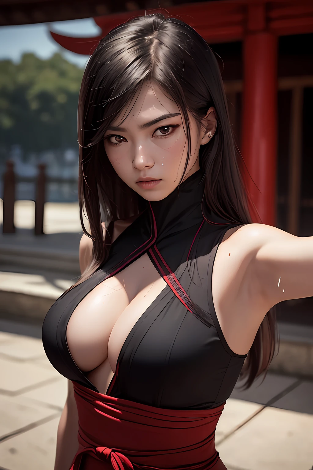 realistic, 1girl, high quality fingers, normal hands, detailed fingers, masterpiece, (realistic, photo-realistic: 1.37), realistic, 1girl, long hair:1.5, black hair:1.2, red eyes:1.5, bright eyes, mortal kombat, ninja, blood, scar, weapons, kimono, dress, mortal kombat suit, large breasts, fighting pose, serene look, temple, meditation, injuries, ninja mask, cover half of face, (sweat:  1)