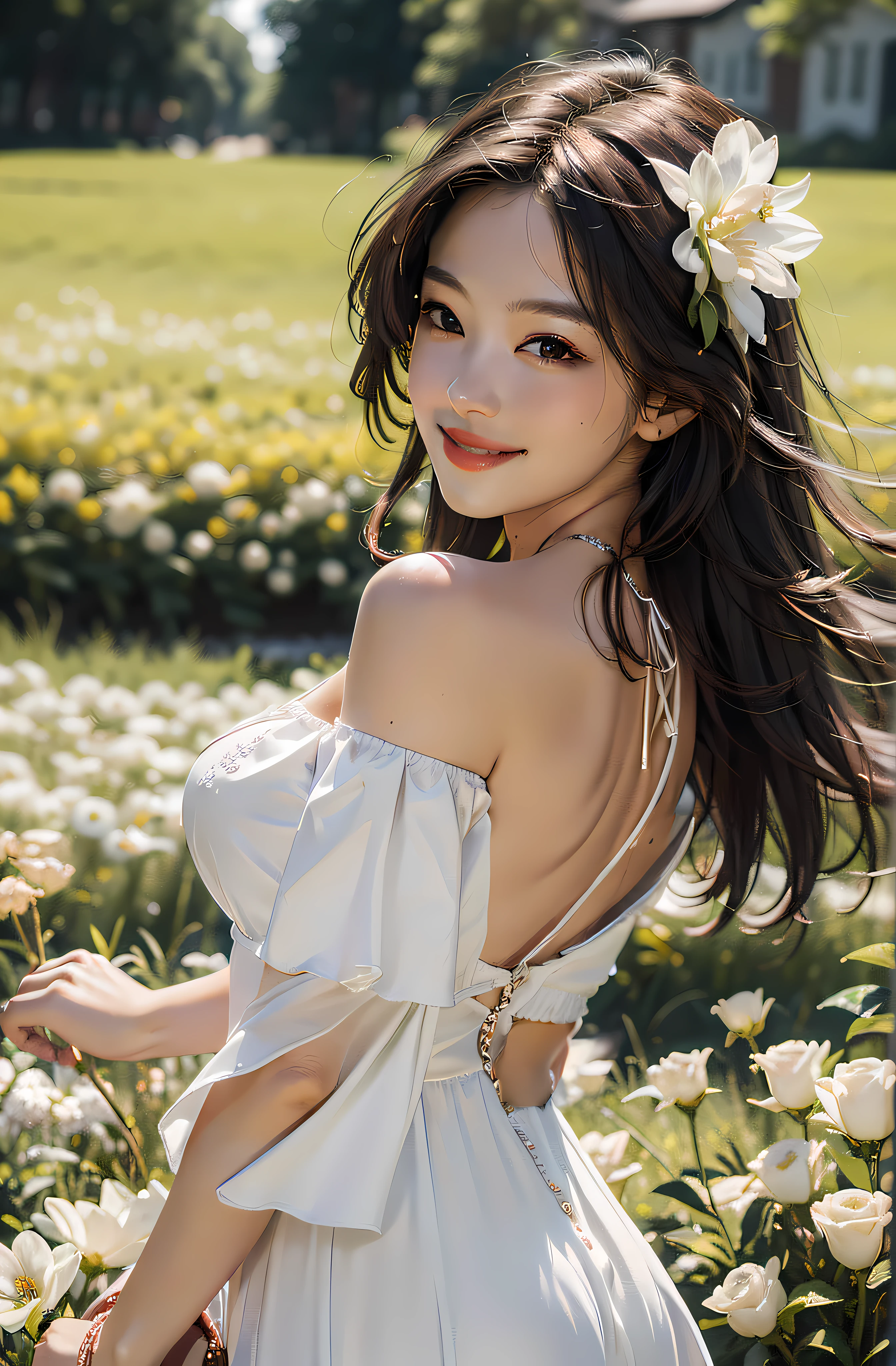 ((Realistic lighting, Best quality, 8K, Masterpiece:1.3)), Focus:1.2, 1girl, Perfect Figure:1.4, Slim Abs:1.1, ((Dark Brown Hair)), (White Crop Top: 1.4), (Outdoor, Seaside: 1.1), City Street, Super Fine Face, Fine Eyes, Double Eyelids,