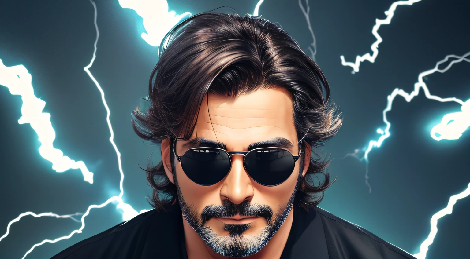 menino 30 anos, with sunglasses and a black shirt WITH A CROSS,  posando para uma foto, retrato, CABELOS LONGOS E COMPRIDOS muito longos escuros , fundo de raios, eletricidade, raio, thunders, lighnings, luz.