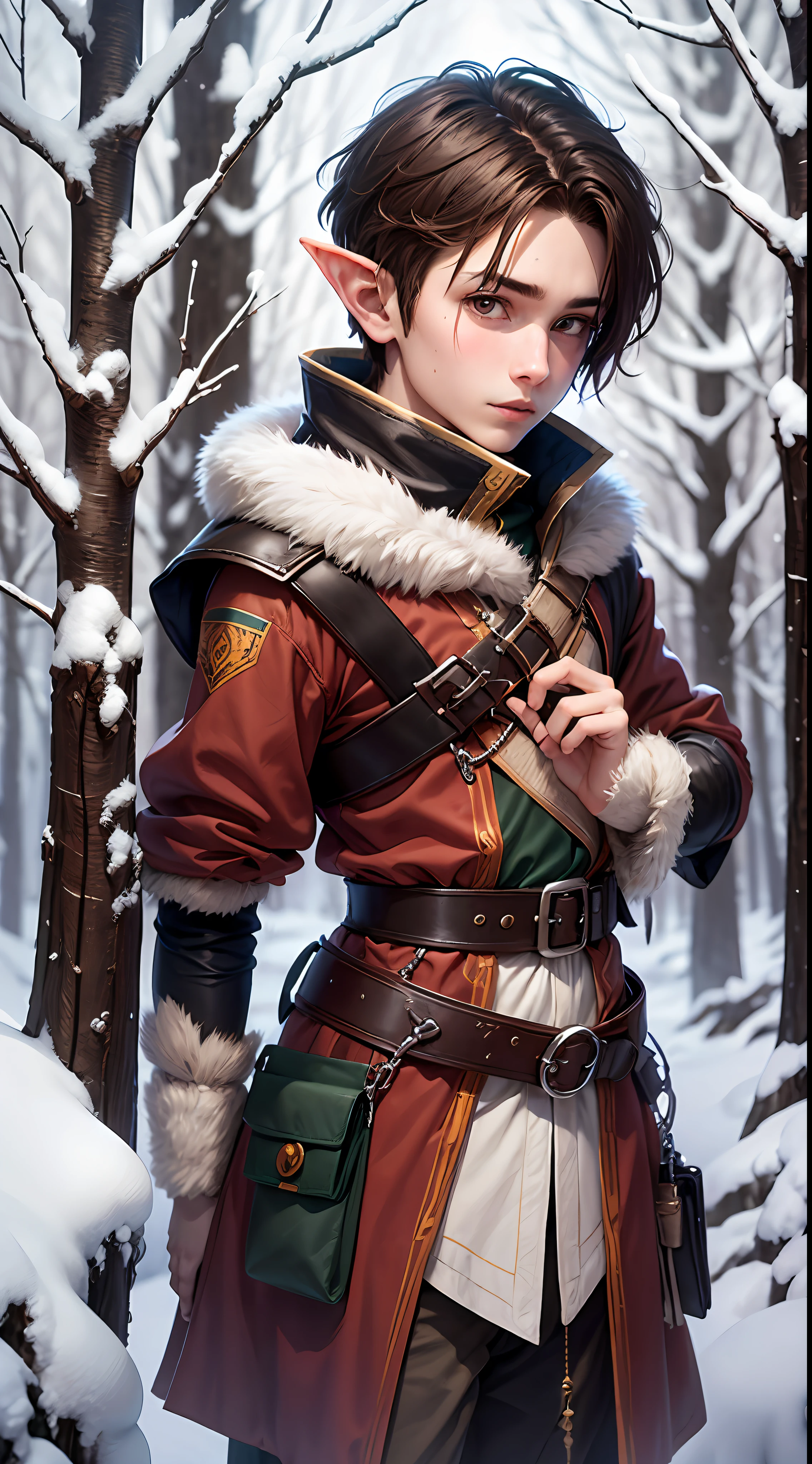 18 year old gay boy with short brown hair and skinny unfit frame fantasy costume elf archer in snowy woods with his friend hugging