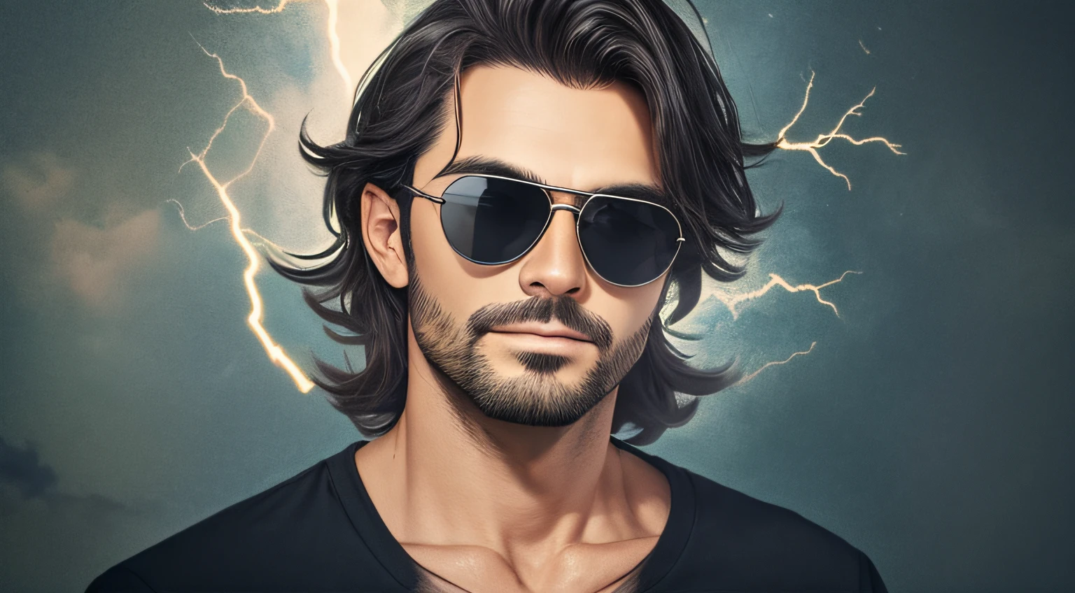 menino 30 anos, with sunglasses and a black shirt WITH A CROSS,  posando para uma foto, retrato, CABELOS LONGOS E COMPRIDOS muito longos escuros , fundo de raios, eletricidade, raio, thunders, lighnings, luz.