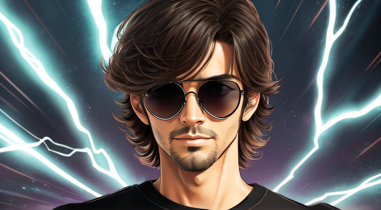 30 anos, with sunglasses and a black shirt WITH A CROSS, posando para uma foto, retrato, CABELOS LONGOS E COMPRIDOS muito longos escuros , fundo de raios, eletricidade, raio, thunders, lighnings, luz.