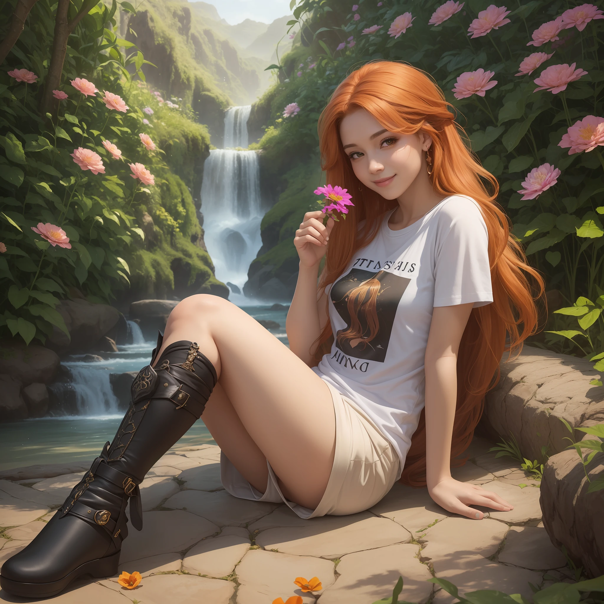 (Melhor qualidade, obra-prima, ArtStation, Fantasy Art: 1.2), uma linda bonita, varanda do jardim, sorrindo, sitting with a flower in her hand (long messy ginger hair: 1.1), (camiseta preta longa, pernas nuas: 1.2)