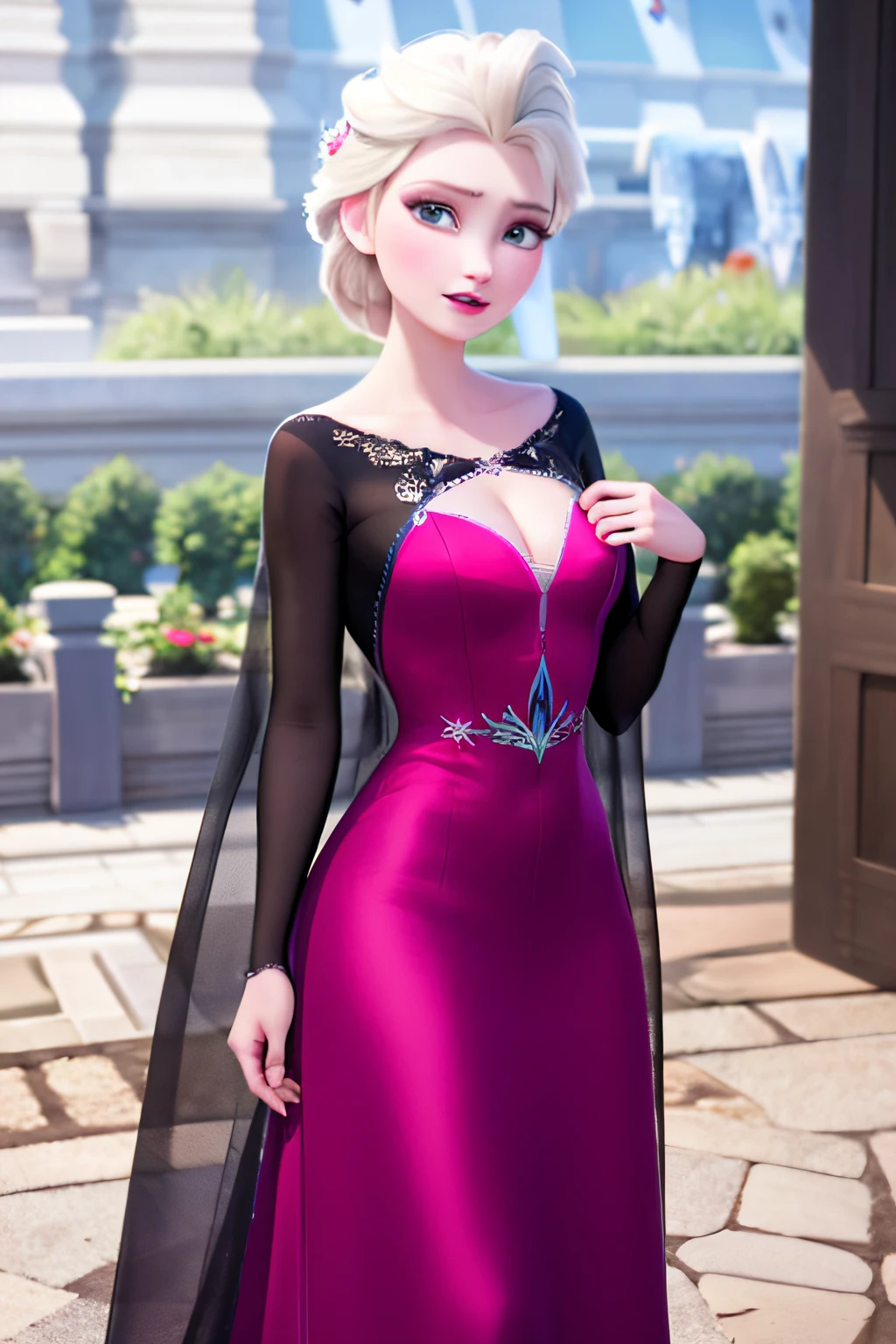 masterpiece:1.4), (best qualit:1.4), (high resolution:1.4), Digital art realistic, imagine v1, Elsa frozen, Frozen (black and dark-pink gown) grown-up, nightgown princess, Short sexy long skirt, transparent skirt and coat, sexy Elsa, Elsa Disney princess, beautiful Elsa, half open chest dress, beautiful art,
